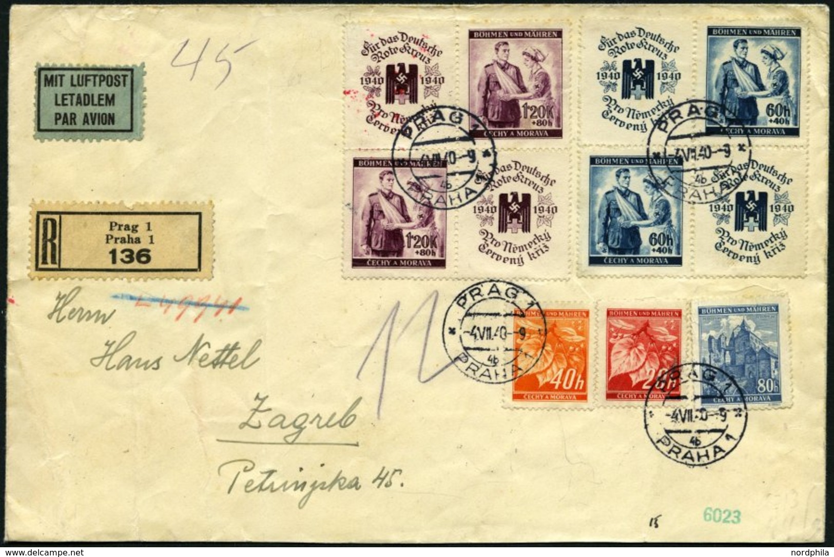 BÖHMEN UND MÄHREN 53/4Zf BRIEF, 1940, Rotes Kreuz Mit Zusatzfrankatur (Mi.Nr. 22,28,40) Auf Einschreib-Luftpostbrief Nac - Other & Unclassified