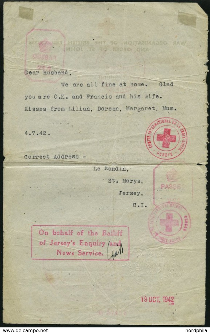 JERSEY 1942, Rotes Kreuz-Brief Mit Rückseitiger Antwort, Diverse Stempel Und Zensuren, Feinst - Ocupación 1938 – 45