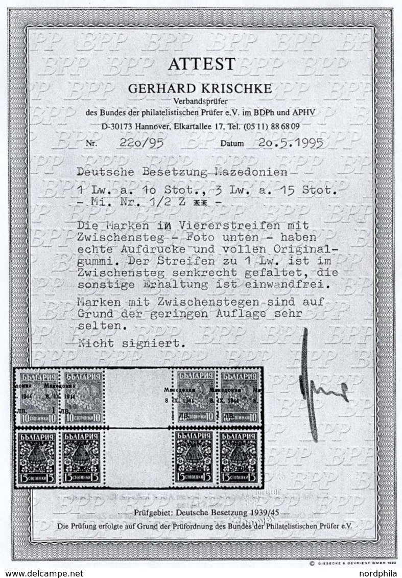 MAKEDONIEN 2ZW **, 1944, 3 Auf 15 St. Hellblau Im Waagerechten Paar Mit Zwischensteg, Pracht, R!, Fotoattestkopie Krisch - Bezetting 1938-45