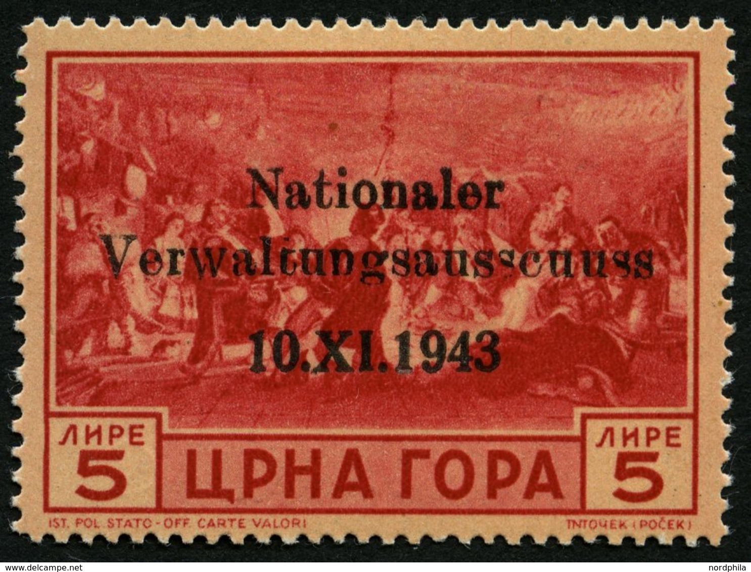 MONTENEGRO 14I *, 1943, 5 L. Nationaler Verwaltungsausschuss Mit Setzfehler Scuus, Falzrest, Pracht, Fotoattest Krischke - Occupazione 1938 – 45