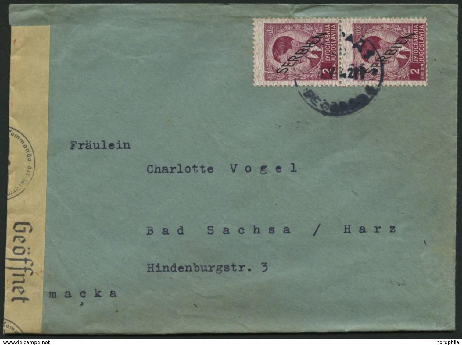 SERBIEN 5 Paar BRIEF, 1941, 2 D. Lilakarmin Im Senkrechten Paar Mit Zensurstreifen Auf Bedarfsbrief, Feinst - Occupazione 1938 – 45