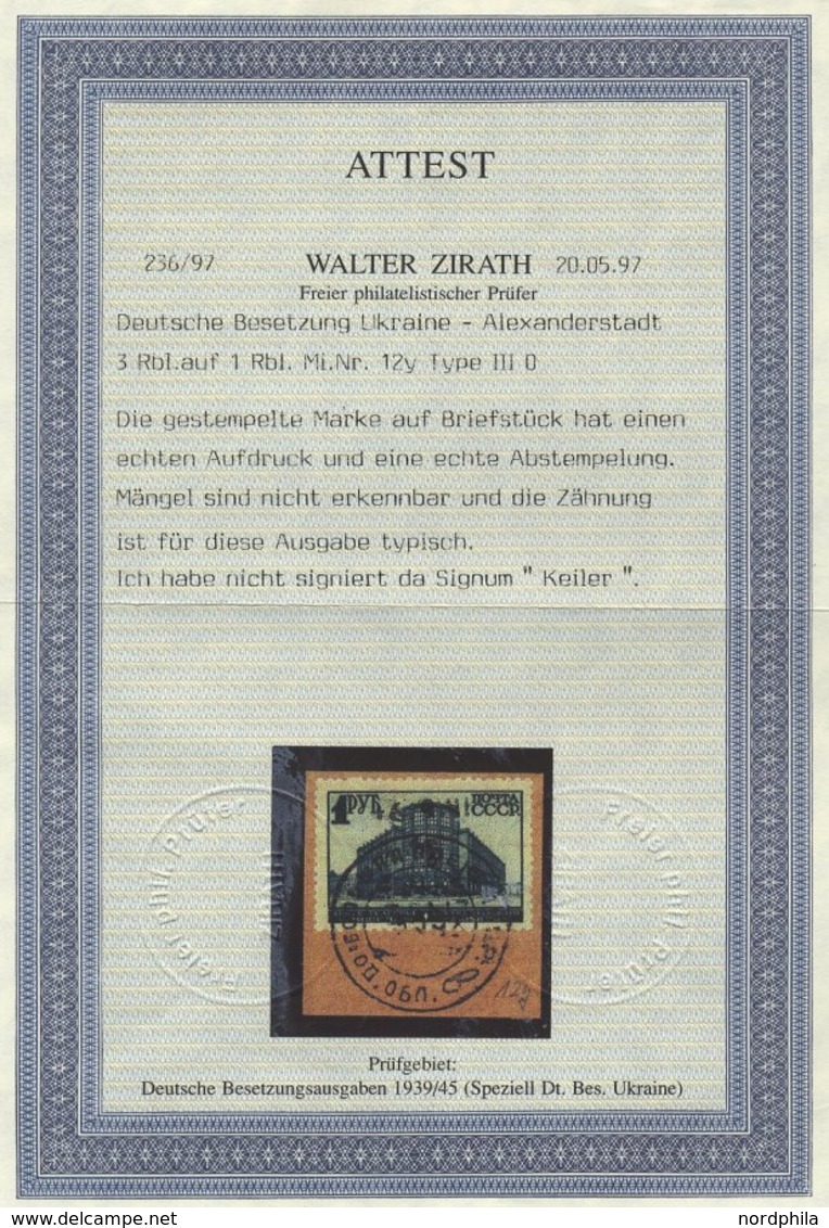 UKRAINE 12Y BrfStk, 1942, 3 Rbl. Auf 1 Rbl. Dunkelblau, Wz. Mäandermuster, Auf Briefstück (Marke Zur Kontrolle Gelöst Un - Occupazione 1938 – 45