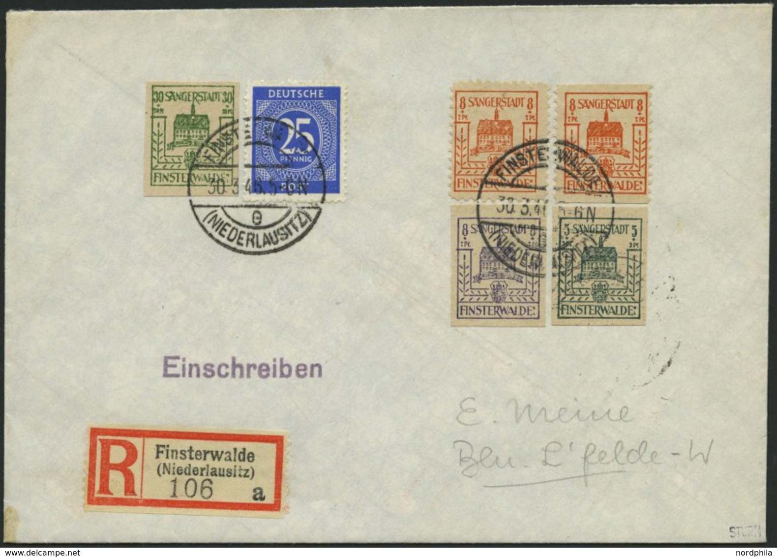 FINSTERWALDE 5b,5aVa,bII BRIEF, 1946, 8 Pf. Dunkelblauviolett Und Versuchszähnung 8 Pf. Gelblichrot Senkrechte Und Viers - Posta Privata & Locale