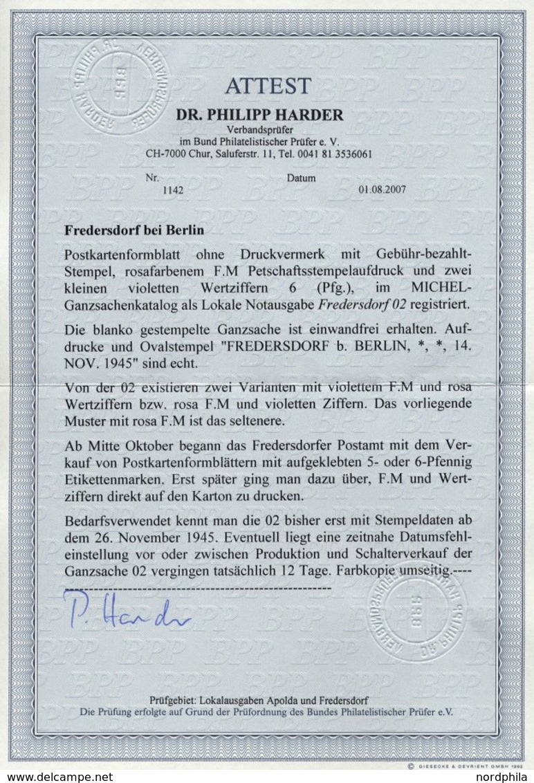 FREDERSDORF PA 02b BRIEF, 1945, Ganzsachenkarte 6 Pf. (FM Rosa Und Wertziffer Violett), Blanko Gestempelt, Pracht, R!, F - Private & Local Mails