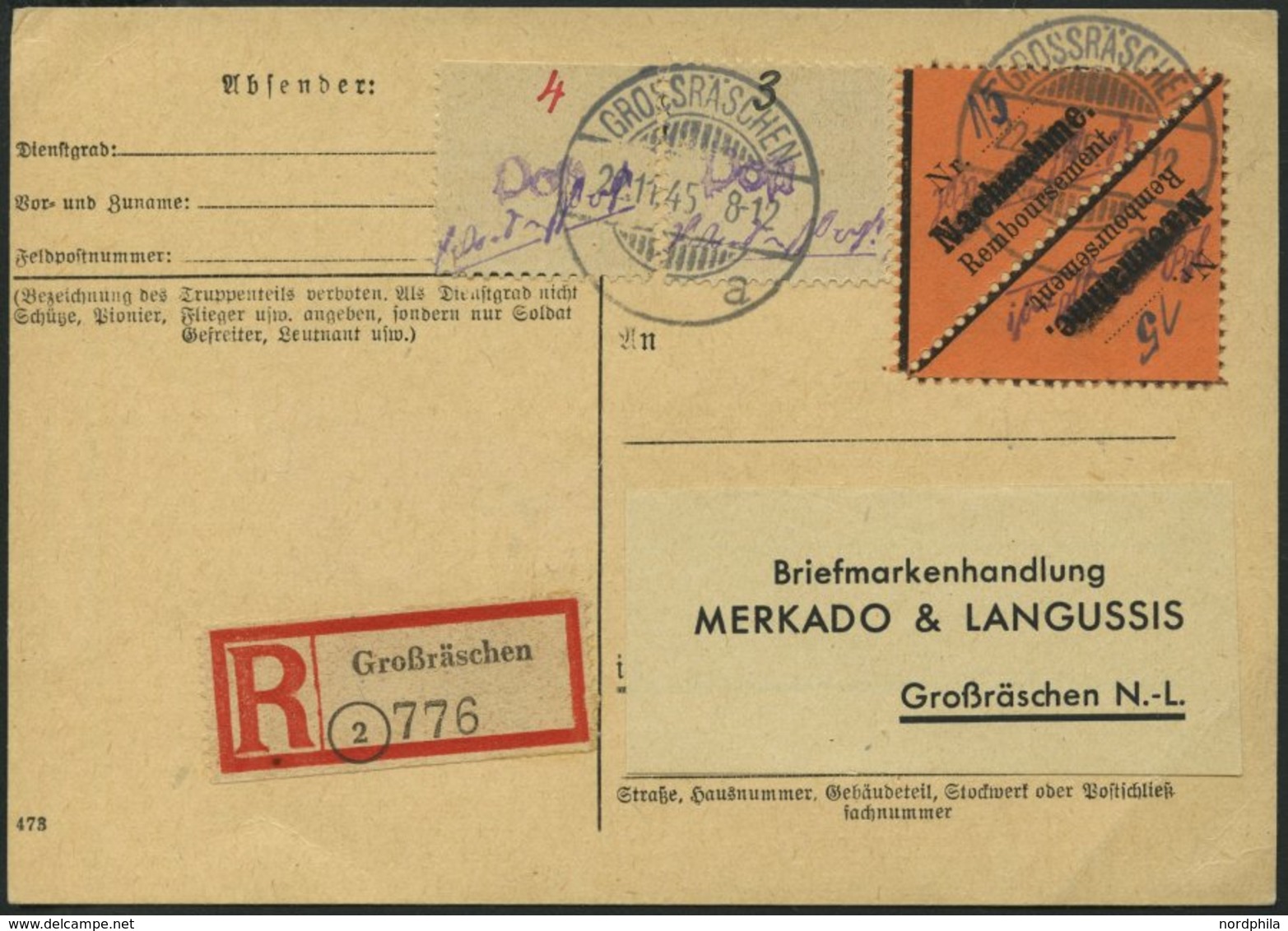 GROSSRÄSCHEN-VORLÄUFER V 2AI Paar BRIEF, 1945, 15 Pf. Schwarz Auf Bräunlichrot, Gezähnt, Nachnahme In Antiqua, Im Paar M - Private & Local Mails