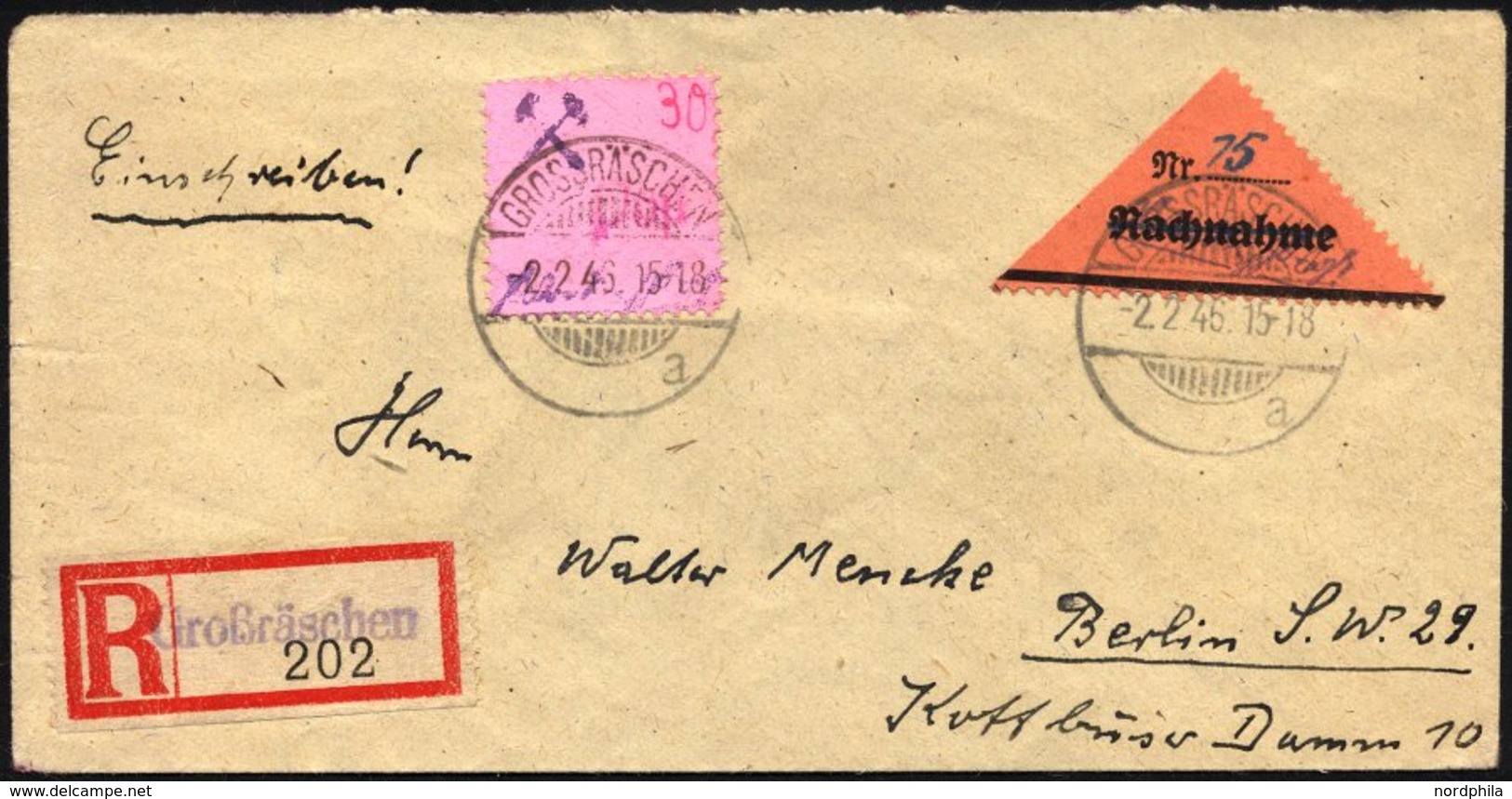 GROSSRÄSCHEN-VORLÄUFER V 2II,30 BRIEF, 1945, 15 Pf. Schwarz Auf Bräunlichrot, Nachnahme In Fraktur, Gezähnt, Und 30 Pf.  - Private & Local Mails