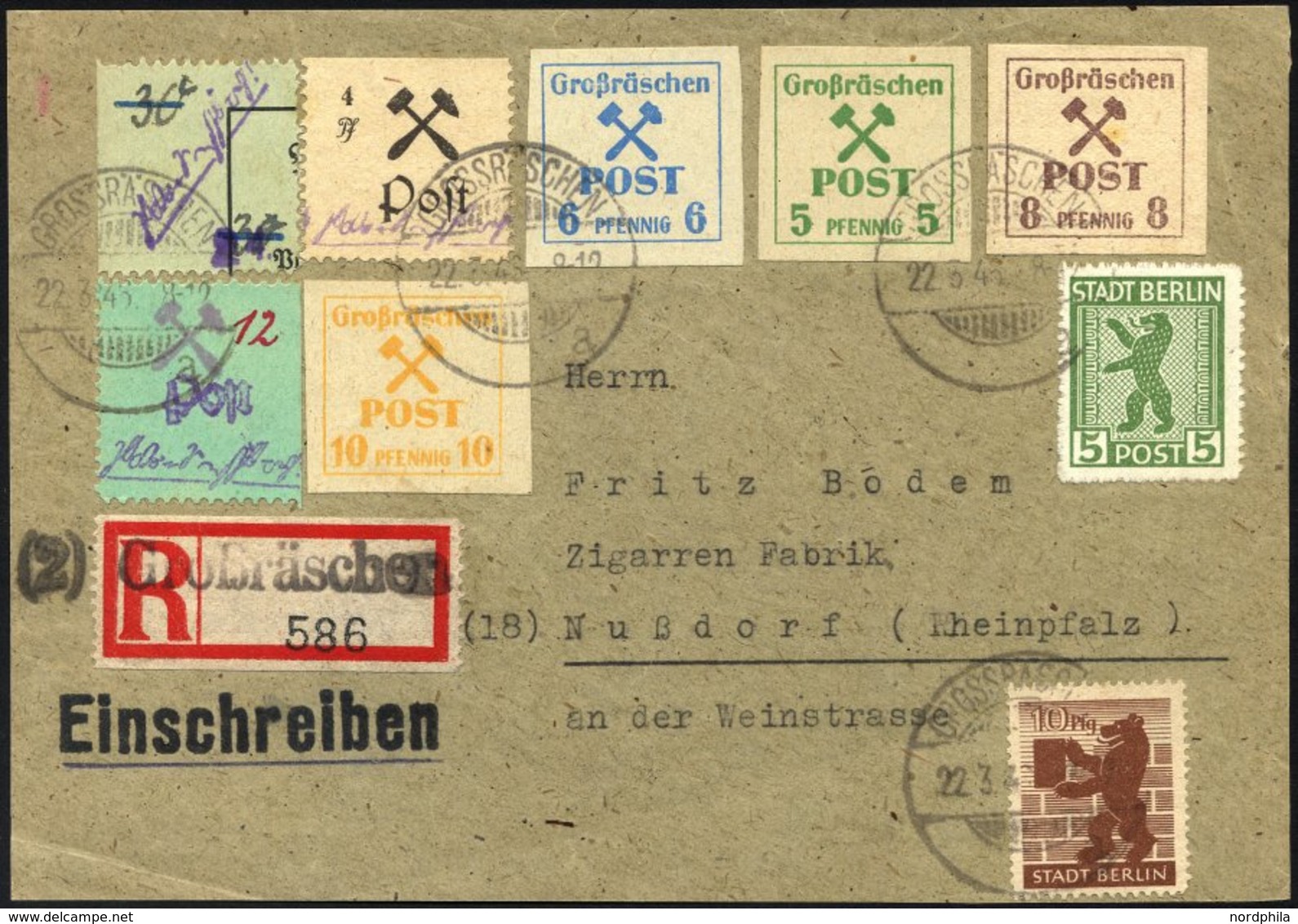 GROSSRÄSCHEN-VORLÄUFER V 19 BrfStk, 1945, 24 Auf 30 Pf. Zoll Mit Zusatz-Mischfrankatur Auf Einschreibbrief-Vorderseite,  - Private & Lokale Post