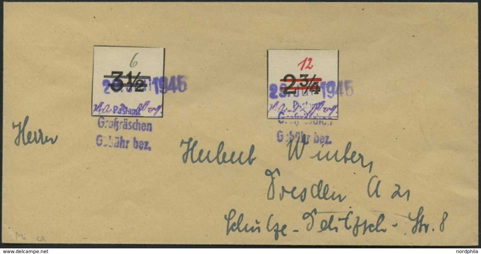 GROSSRÄSCHEN-VORLÄUFER V 22IU,V 26U BRIEF, 1945, 6 Pf. Wertziffer Schwarz Statt Rot, Ungezähnt, Mit 12 Pf. Rot, Ungezähn - Private & Lokale Post