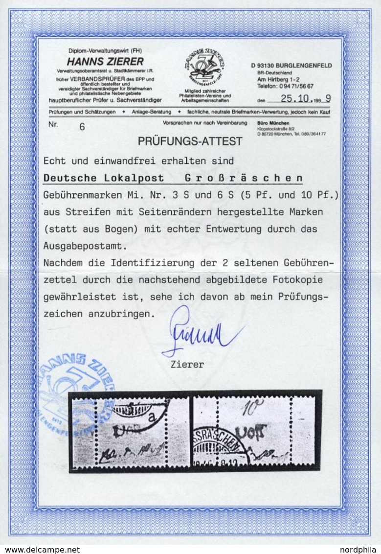 GROSSRÄSCHEN 3S,6S O, 1945, 5 Und 10 Pf. Gebührenmarke Aus Streifen, 2 Prachtwerte, Fotoattest Zierer, Mi. 900.- - Postes Privées & Locales