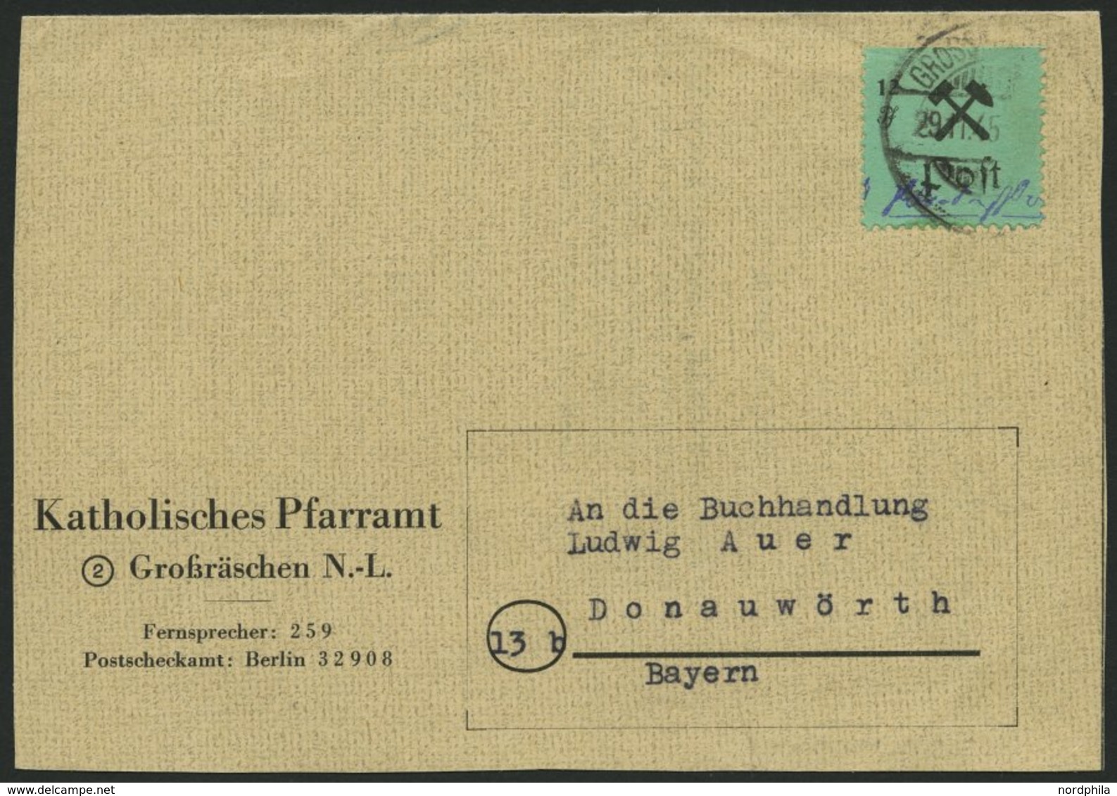 GROSSRÄSCHEN 25IIPFI BRIEF, 1945, 12 Pf. Schwarz Auf Grün, Type II, Mit Plattenfehler P Von Post Offen, Auf Bedarfsbrief - Private & Local Mails
