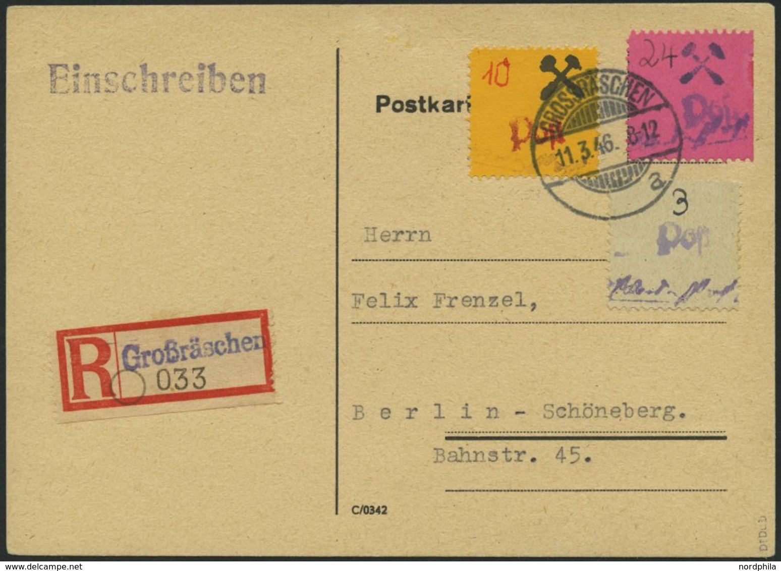 GROSSRÄSCHEN 28II BRIEF, 1946, 10 Pf. Auf Orange, Mit Hämmer Rechts, Mit 28 Pf. Zusatzfrankatur Auf Einschreibkarte, Pra - Private & Local Mails