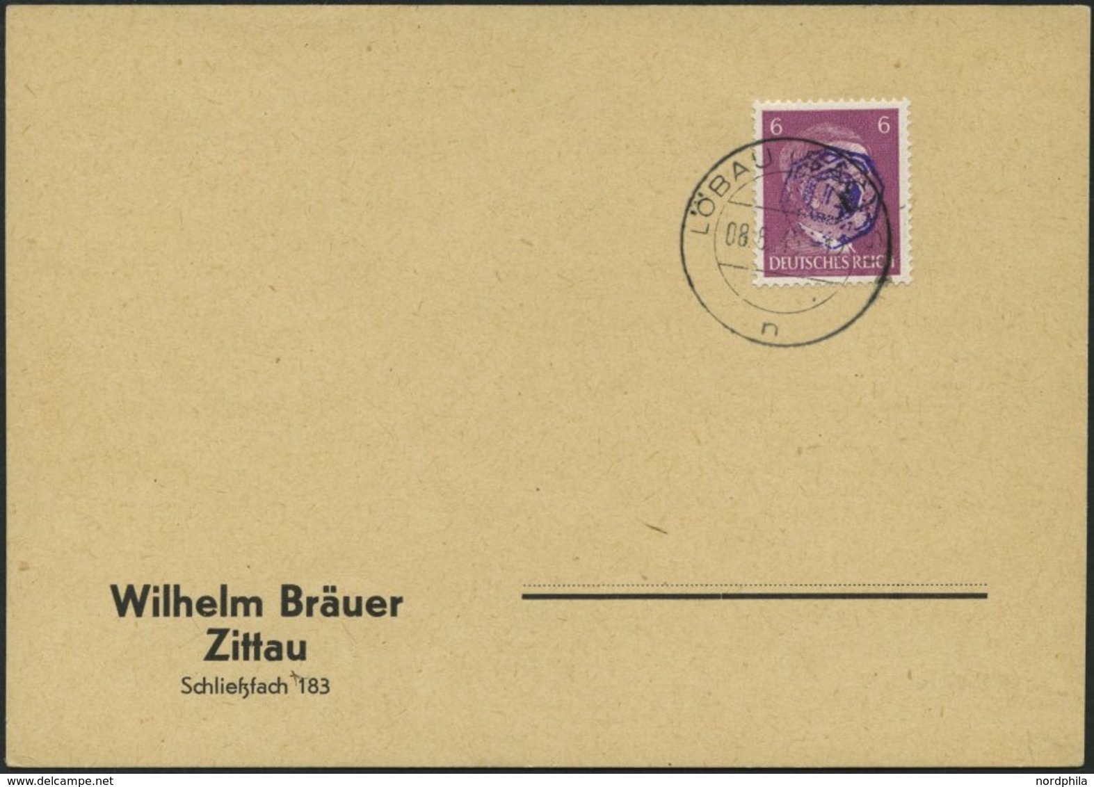 LÖBAU 1 BRIEF, 1945, 6 Pf. Hitler Mit Blauviolettem Echten Aufdruck Auf Bräuer-Blancokarte, Stempel LÖBAU N (derzeit Nic - Private & Lokale Post