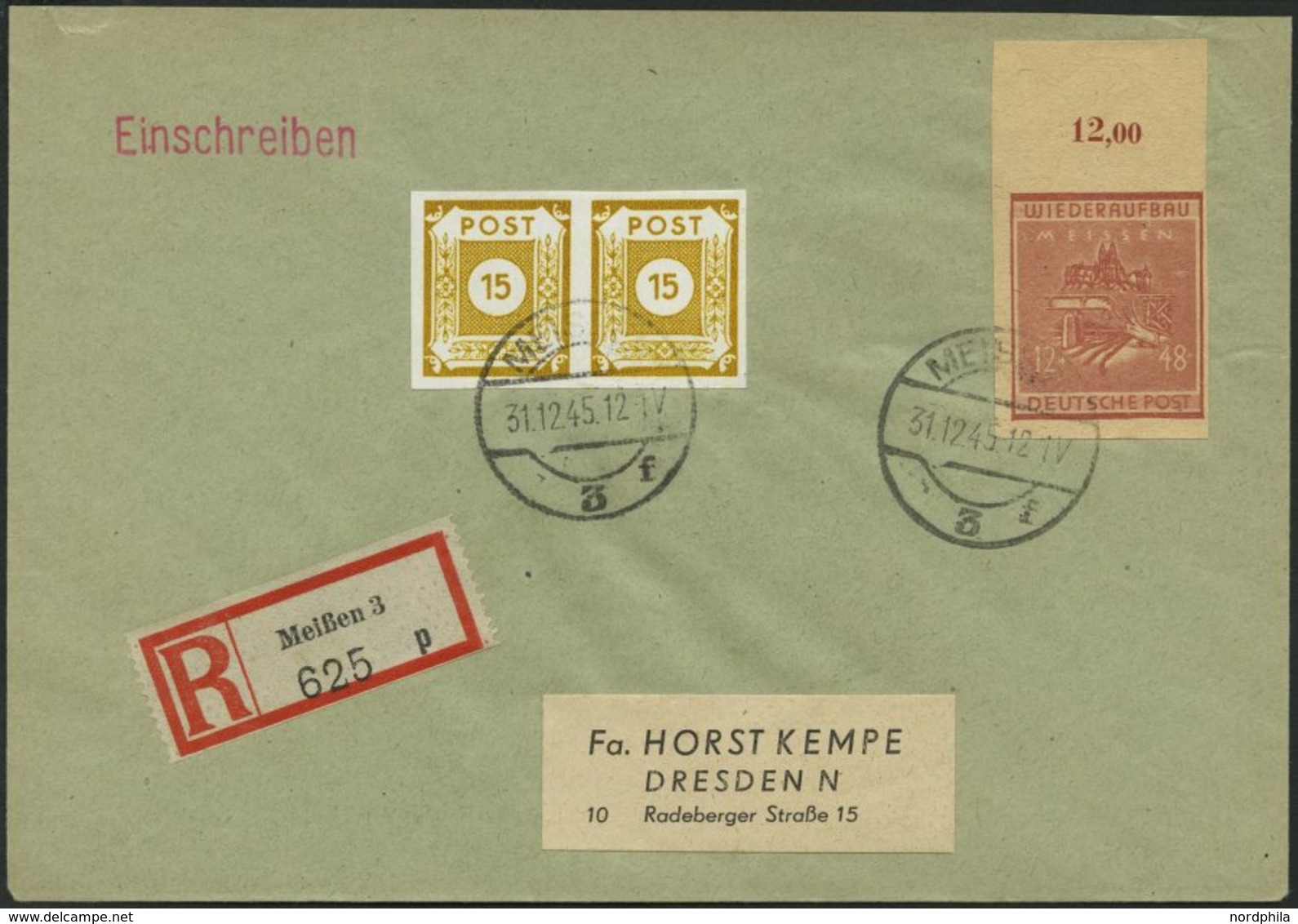 MEISSEN 38aB BRIEF, 1945, 12 Pf. Braunrot Wiederaufbau, Ungezähnt, Oberrandstück, Mit Zusatzfrankatur Auf Kempe-Einschre - Privatpost