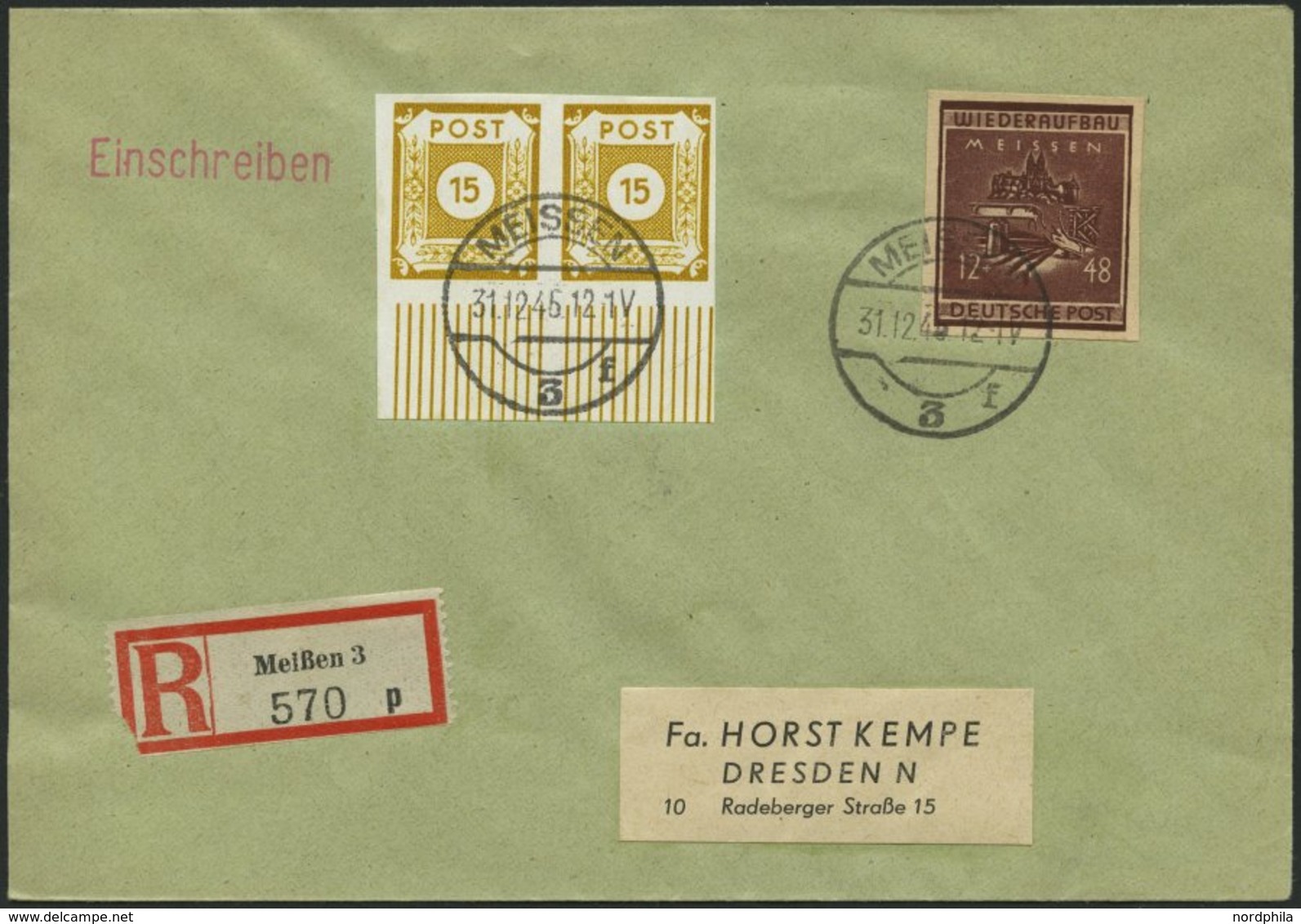 MEISSEN 38bB BRIEF, 1946, 12 Pf. Dunkellilabraun Wiederaufbau, Ungezähnt, Mit Zusatzfrankatur Auf Kempe-Einschreibbrief  - Private & Lokale Post