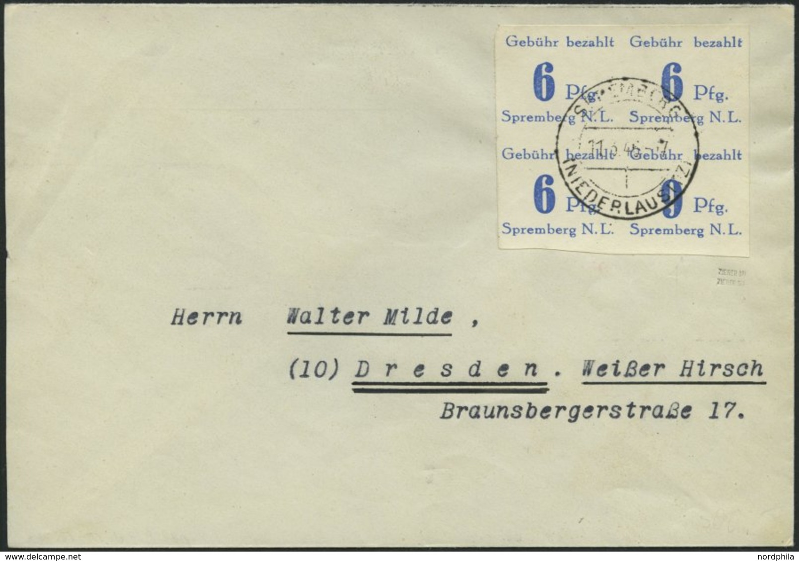 SPREMBERG 10BK BRIEF, 1946, 6 Pf. Violettultramarin, Ungezähnt, Mit Abart Wertziffer 6 Kopfstehend, Im Viererblock Mit N - Private & Lokale Post