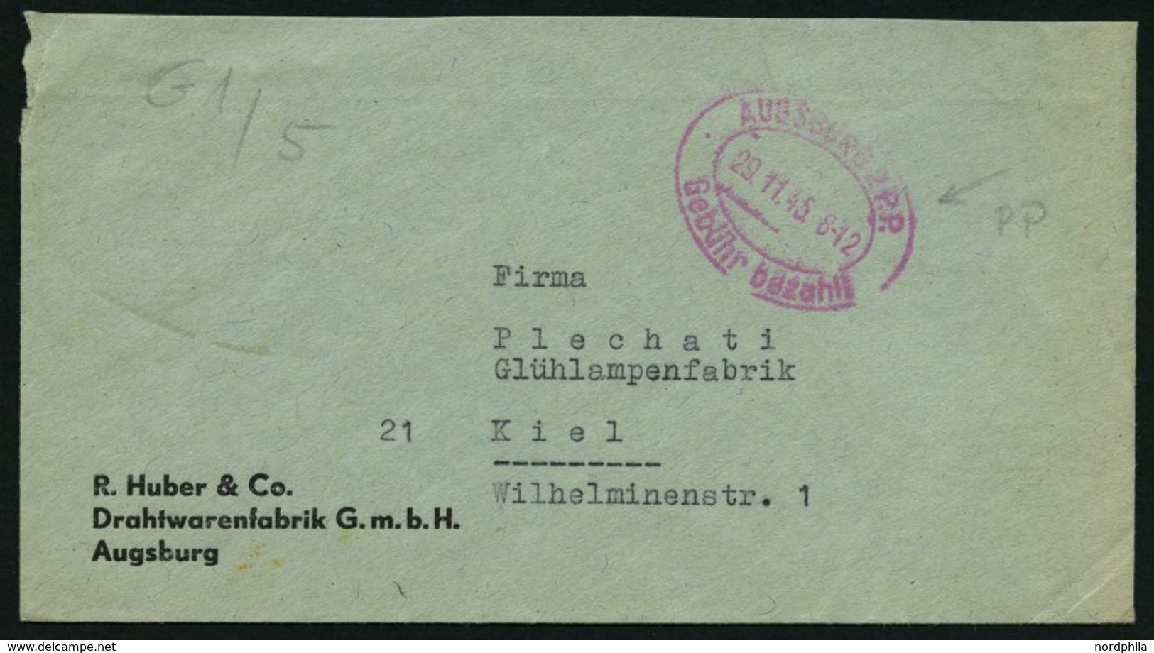 ALL. BES. GEBÜHR BEZAHLT AUGSBURG 2 R.P. Gebühr Bezahlt, 29.11.45, Roter Ellipsenstempel Auf Firmenbrief, Pracht - Other & Unclassified