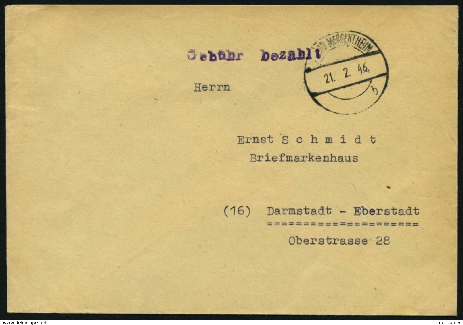 ALL. BES. GEBÜHR BEZAHLT BAD MERGENTHEIM, 21.2.46, Violetter L1 Gebühr Bezahlt, Prachtbrief - Andere & Zonder Classificatie