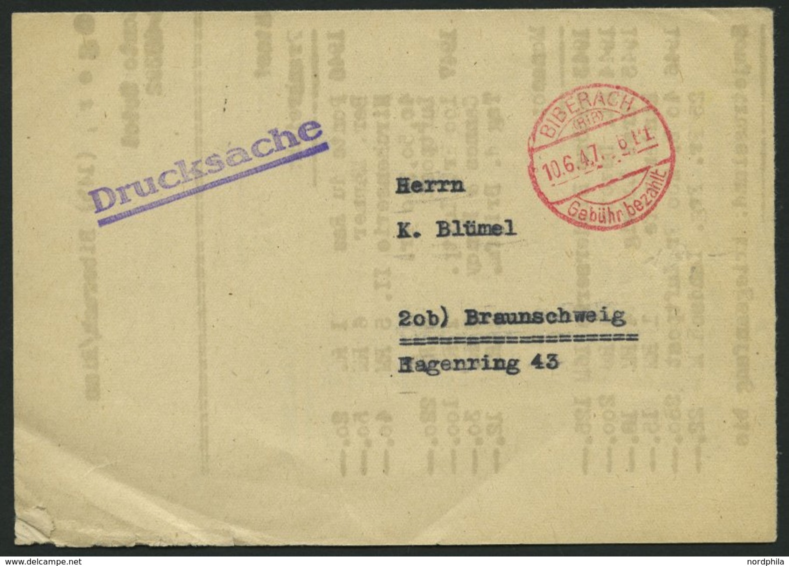 ALL. BES. GEBÜHR BEZAHLT BIBERACH Gebühr Bezahlt, 10.6.47, Werbe-Drucksache Eines Briefmarkenhändlers, Pracht - Other & Unclassified