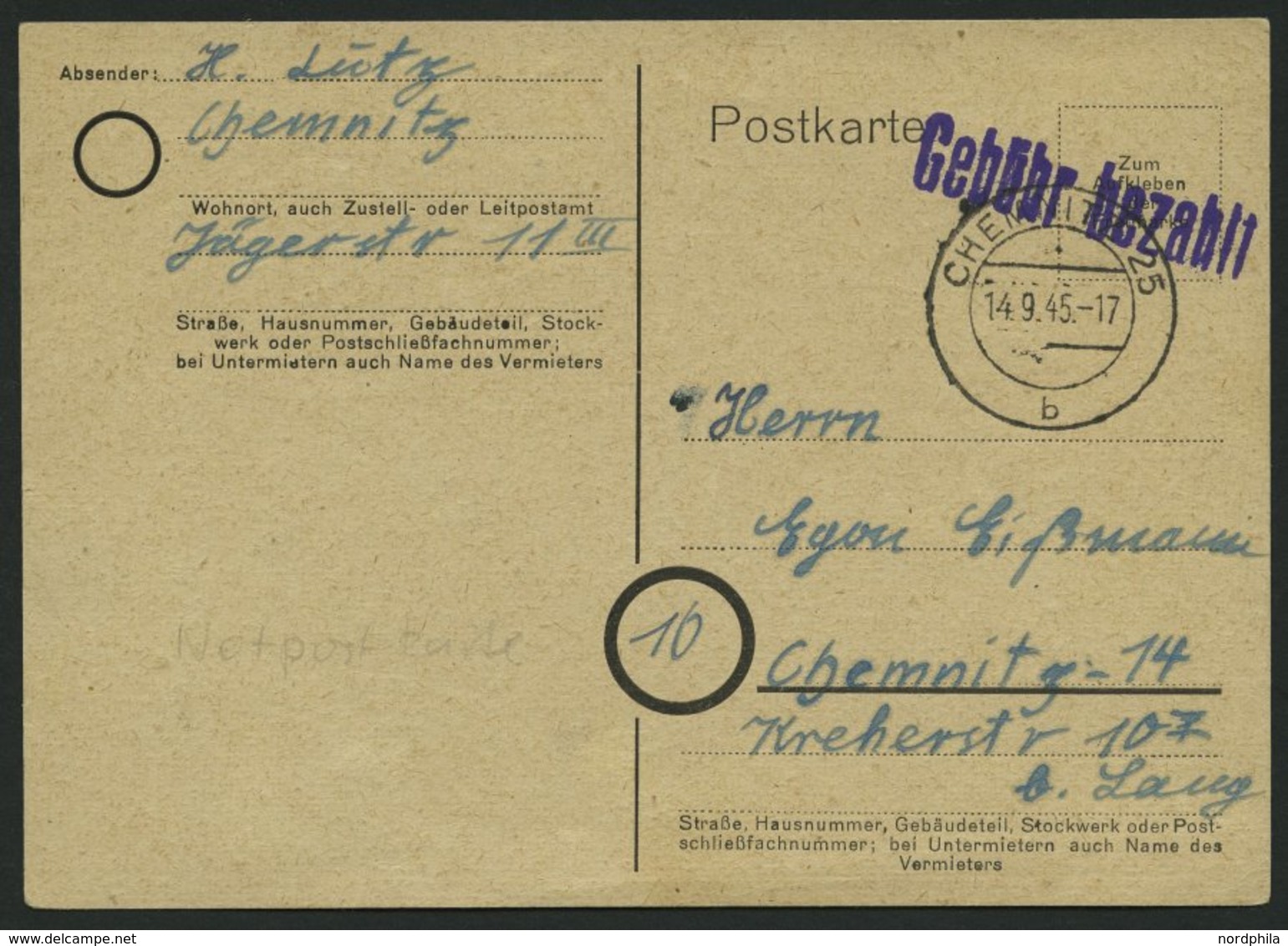 ALL. BES. GEBÜHR BEZAHLT CHEMNITZ 25, 14.9.45, Violetter L1 Gebühr Bezahlt, Prachtkarte - Other & Unclassified