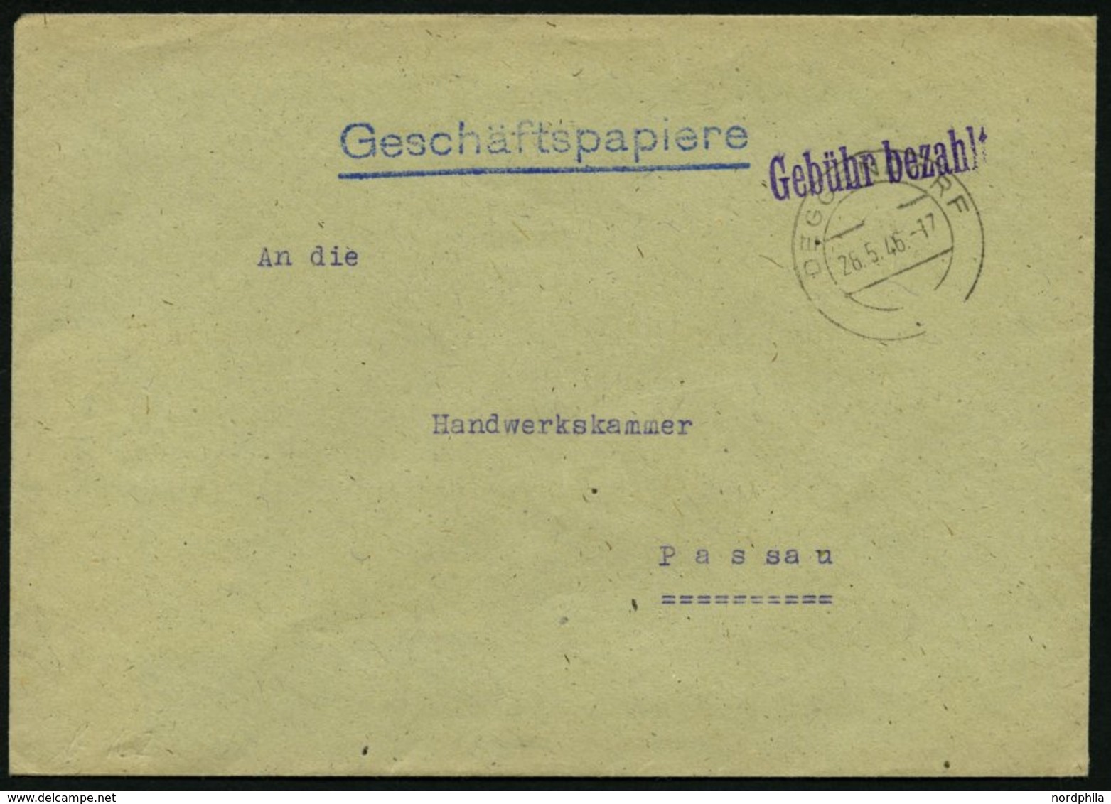 ALL. BES. GEBÜHR BEZAHLT DEGGENDORF, 26.5.46, Violetter L1 Gebühr Bezahlt, Prachtbrief - Andere & Zonder Classificatie