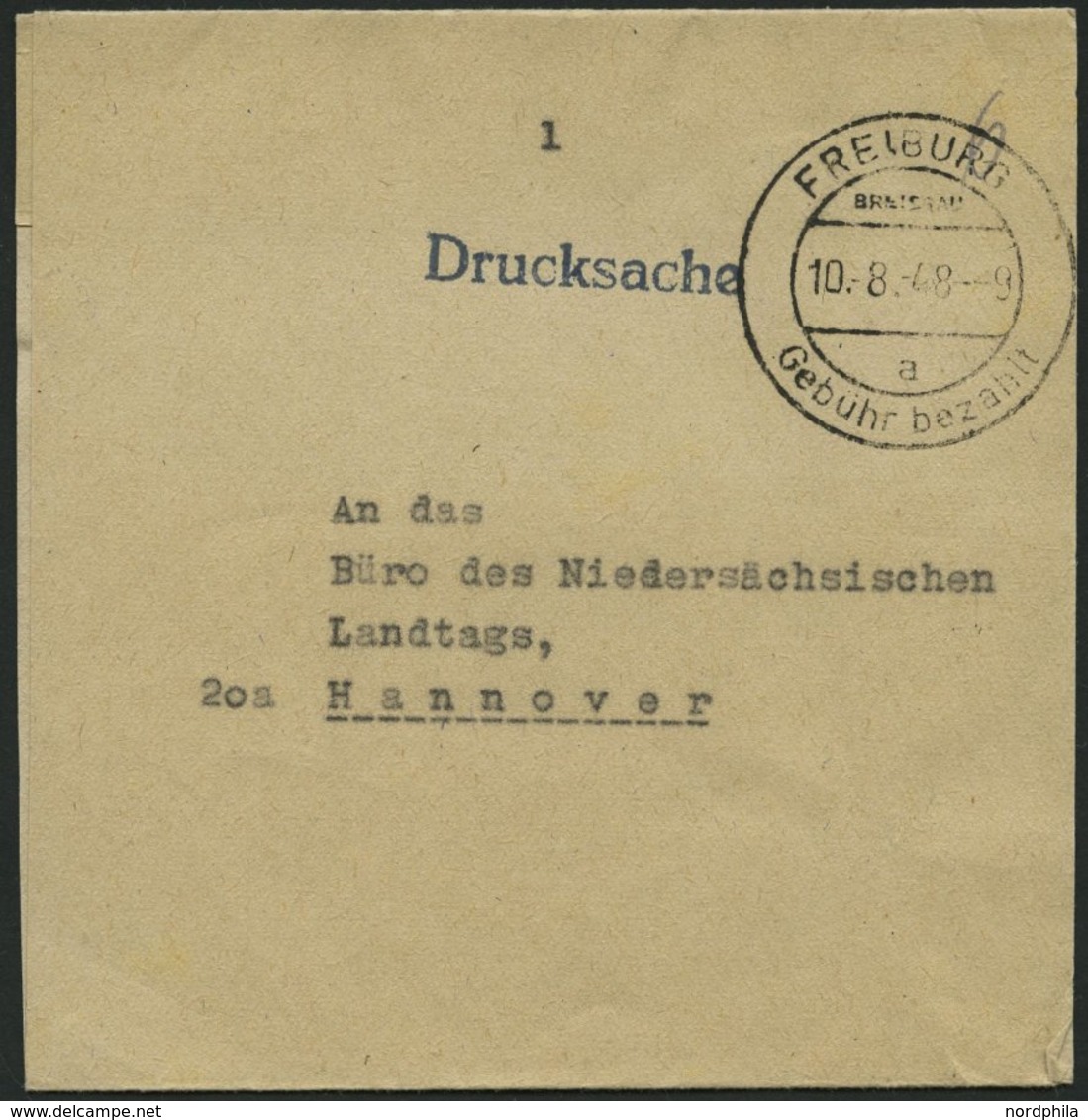 ALL. BES. GEBÜHR BEZAHLT FREIBURG BREISGAU Gebühr Bezahlt, 10.8.48, Drucksache, Pracht - Autres & Non Classés