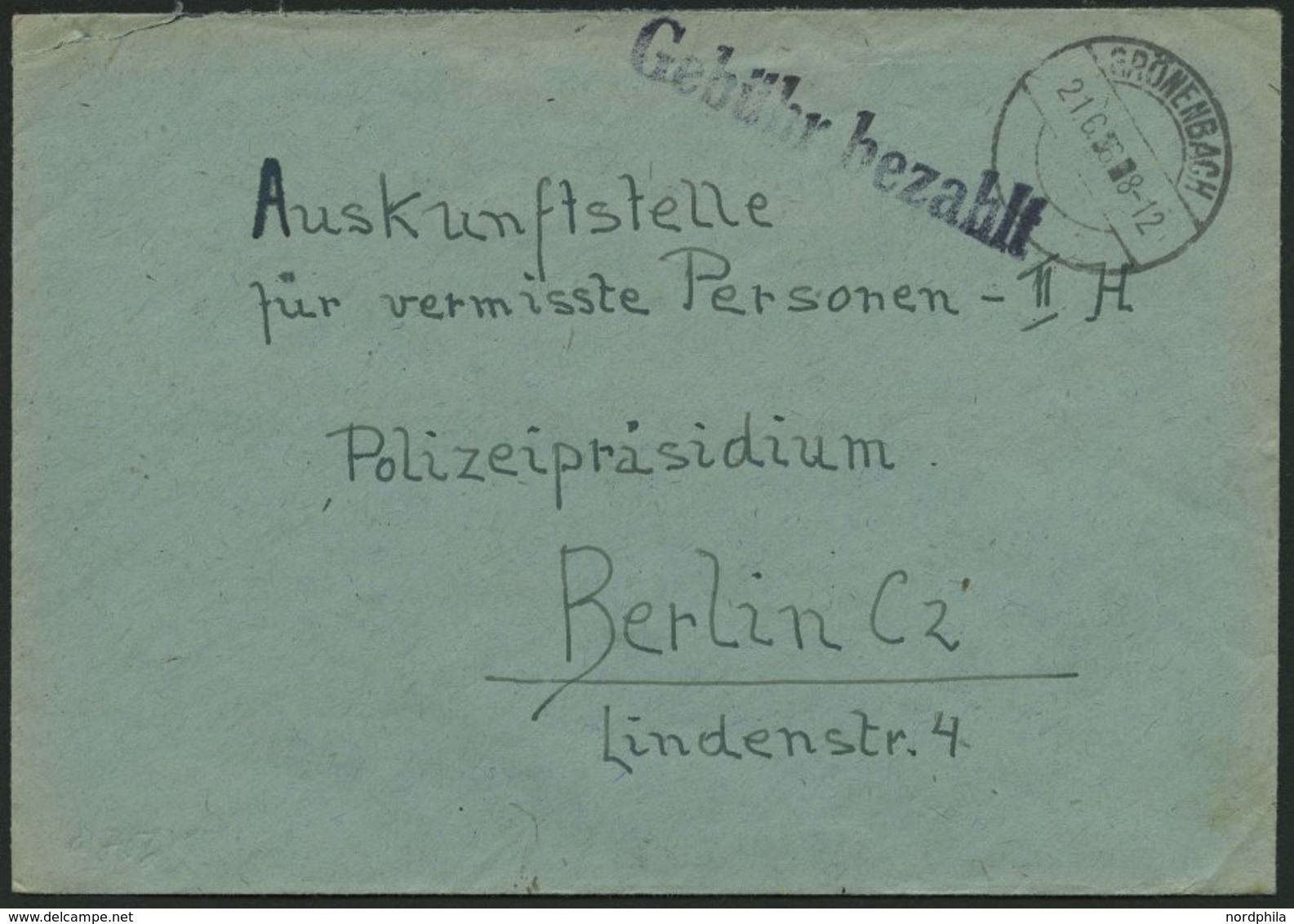 ALL. BES. GEBÜHR BEZAHLT GRÖNENBACH, 21.6.56, L1 Gebühr Bezahlt, Brief An Die Auskunftstelle Für Vermisste Personen In B - Altri & Non Classificati