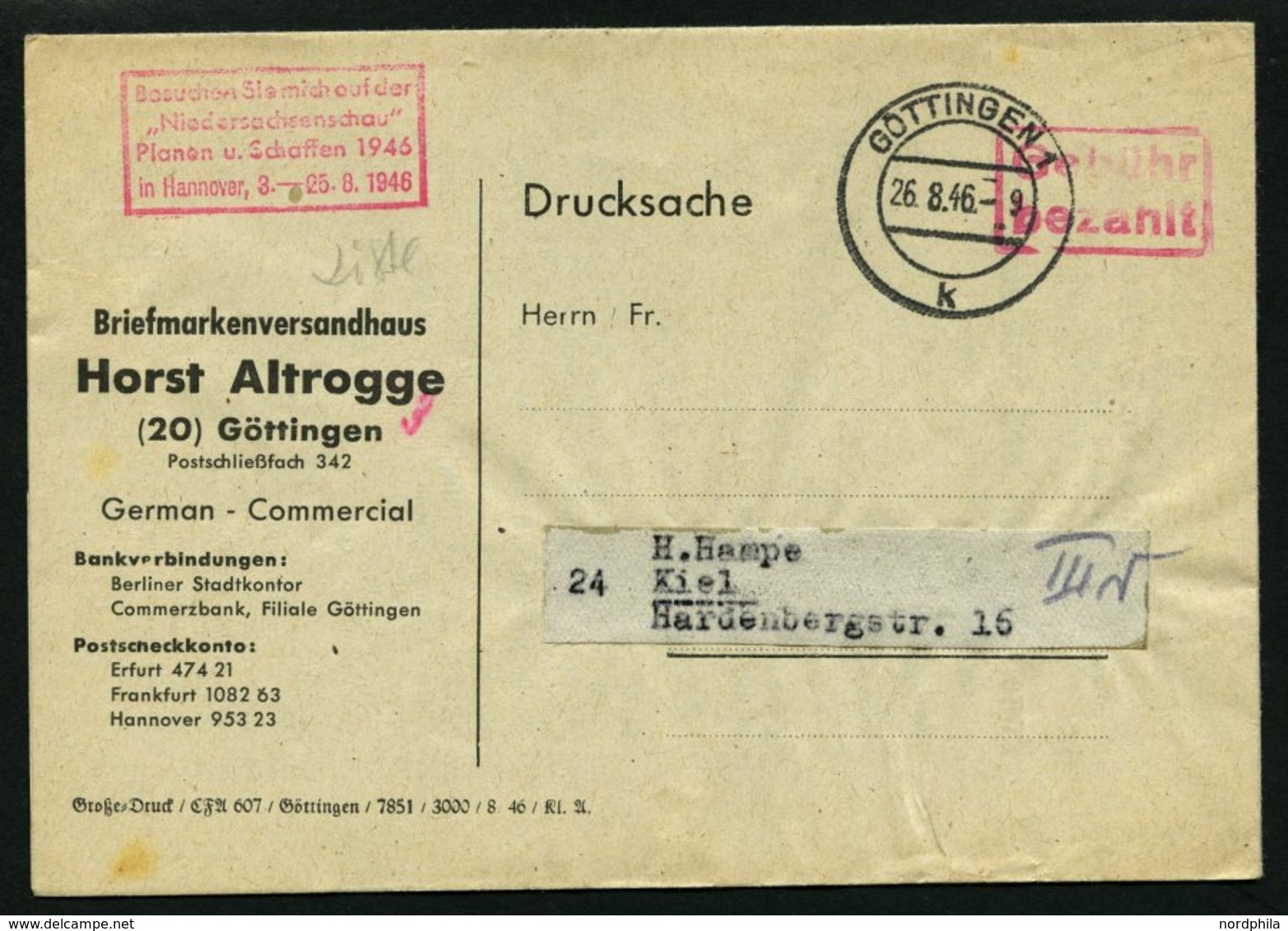 ALL. BES. GEBÜHR BEZAHLT GÖTTINGEN, 26.8.46, Roter R2 Gebühr Bezahlt, Auf Drucksache-Preisliste Eines Briefmarkenhauses, - Other & Unclassified