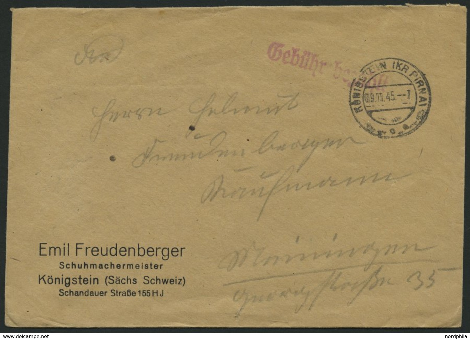 ALL. BES. GEBÜHR BEZAHLT KÖNIGSTEIN (KR PIRNA), 09.11.45, Roter L1 Gebühr Bezahlt , Brief Feinst - Sonstige & Ohne Zuordnung