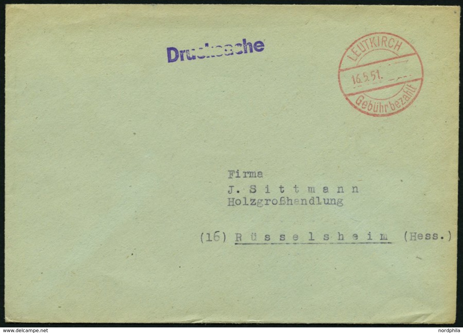 ALL. BES. GEBÜHR BEZAHLT LEUTKIRCH, 16.5.51, Roter K2 Gebühr Bezahlt, Auf Drucksache, Pracht - Otros & Sin Clasificación