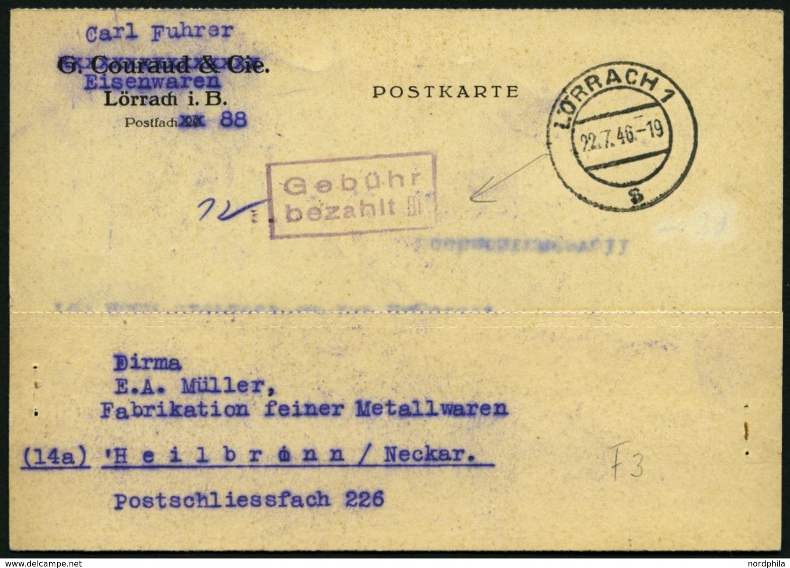 ALL. BES. GEBÜHR BEZAHLT LÖRRACH, 22.7.46, Violetter R2 Gebühr Bezahlt, Handschriftlich 12, Auf Postkarte, Pracht - Other & Unclassified