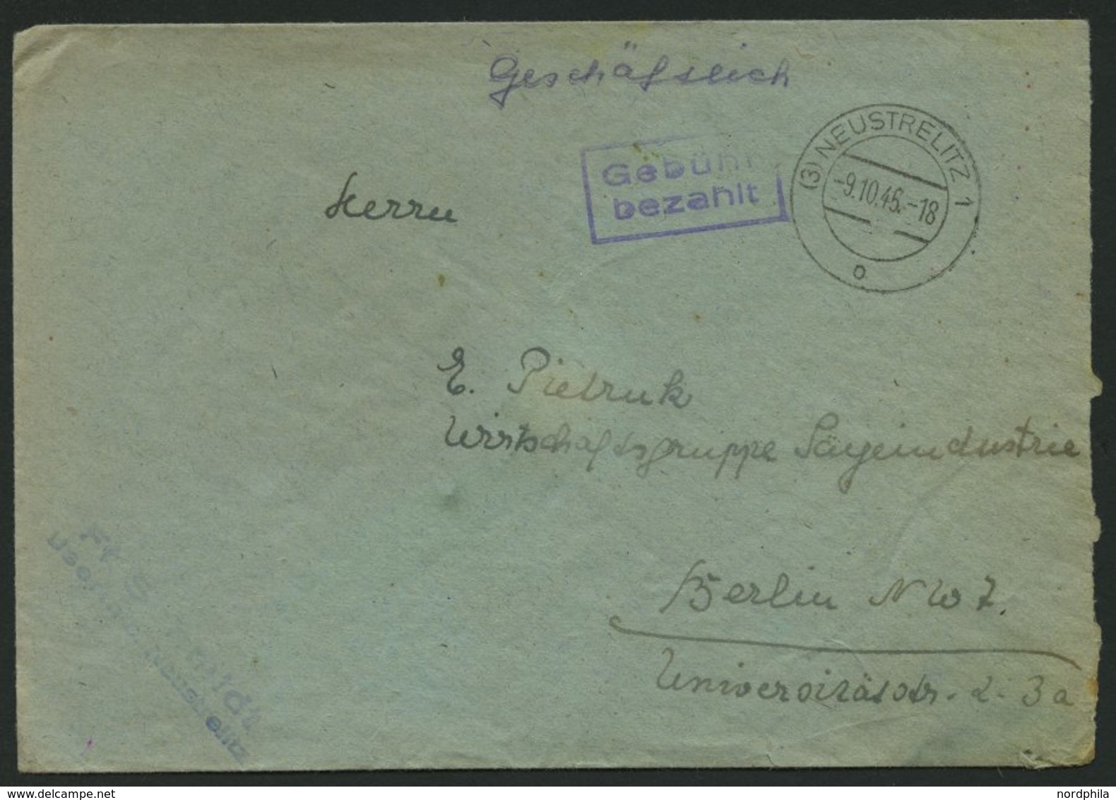 ALL. BES. GEBÜHR BEZAHLT NEUSTRELITZ, 9.10.45, Violetter R2 Gebühr Bezahlt, Brief Feinst - Other & Unclassified