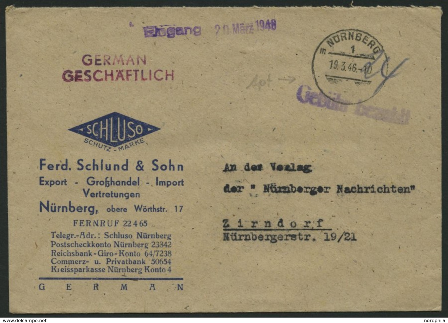 ALL. BES. GEBÜHR BEZAHLT NÜRNBERG, 19.3.46, Violetter L1 Gebühr Bezahlt, Prachtbrief - Other & Unclassified