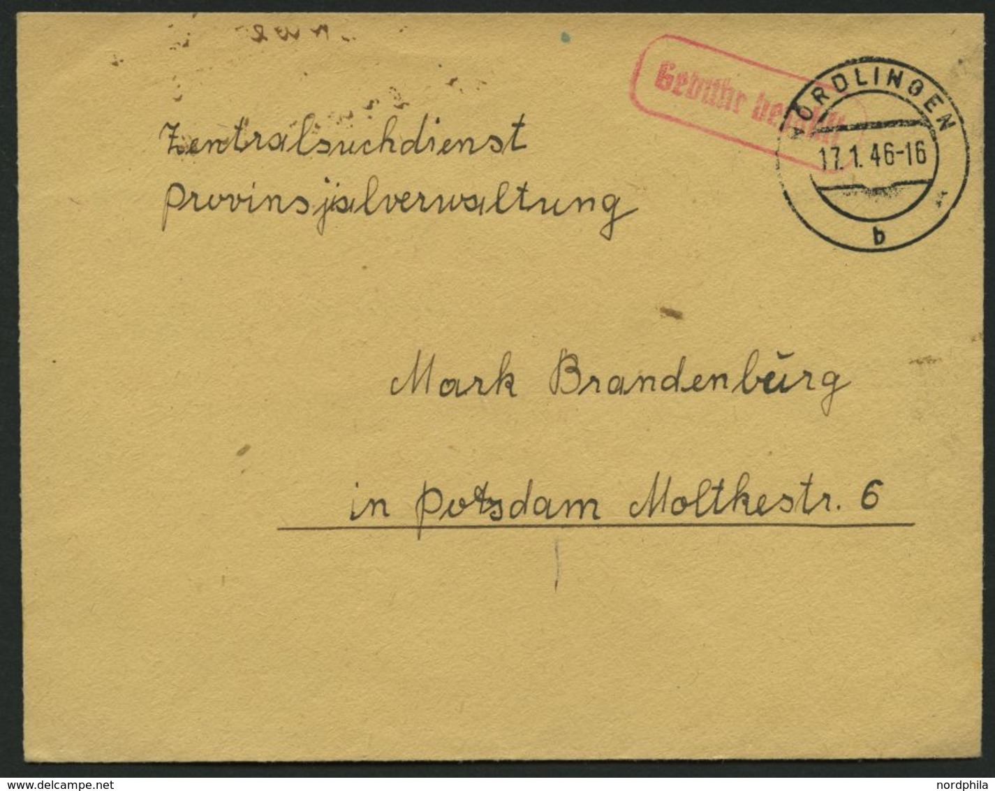 ALL. BES. GEBÜHR BEZAHLT NÖRDLINGEN, 17.1.46, Roter R1 Gebühr Bezahlt, Suchdienstbrief, Pracht - Other & Unclassified