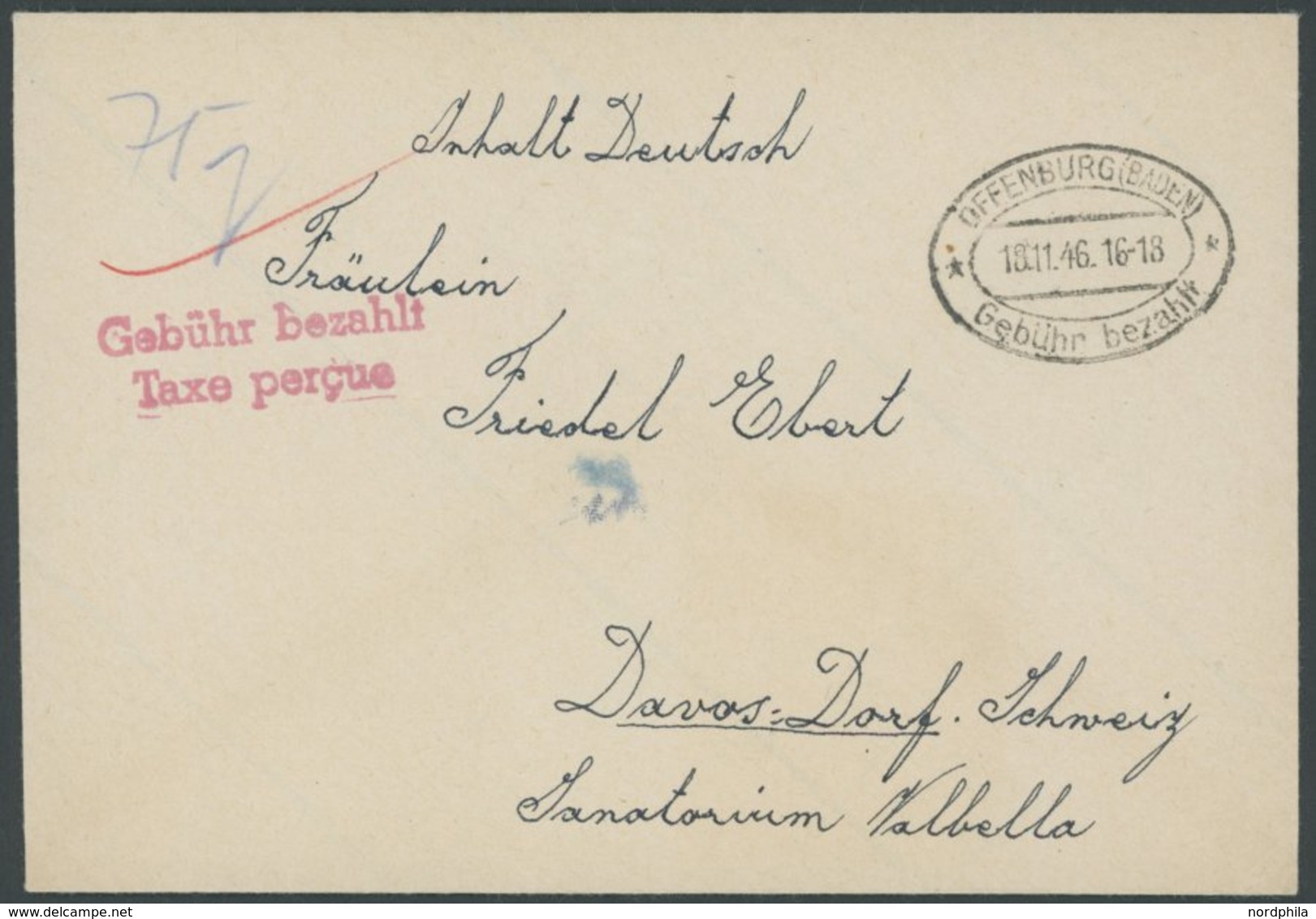 ALL. BES. GEBÜHR BEZAHLT OFFENBURG (BADEN) GEBÜHR BEZAHLT, 18.11.46, Ovalstempel Und Roter L2 Gebühr Bezahlt/Taxe Percue - Other & Unclassified