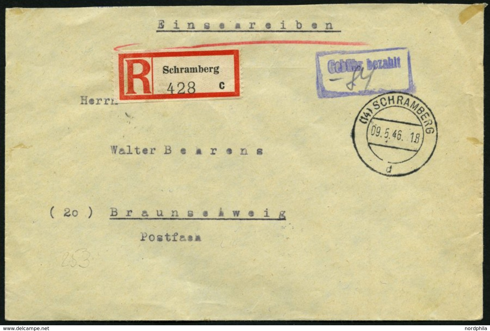 ALL. BES. GEBÜHR BEZAHLT SCHRAMBERG, 09.5.46, Violetter R1 Gebühr Bezahlt, Handschriftlich -84 Eingesetzt, Einschreibbri - Andere & Zonder Classificatie