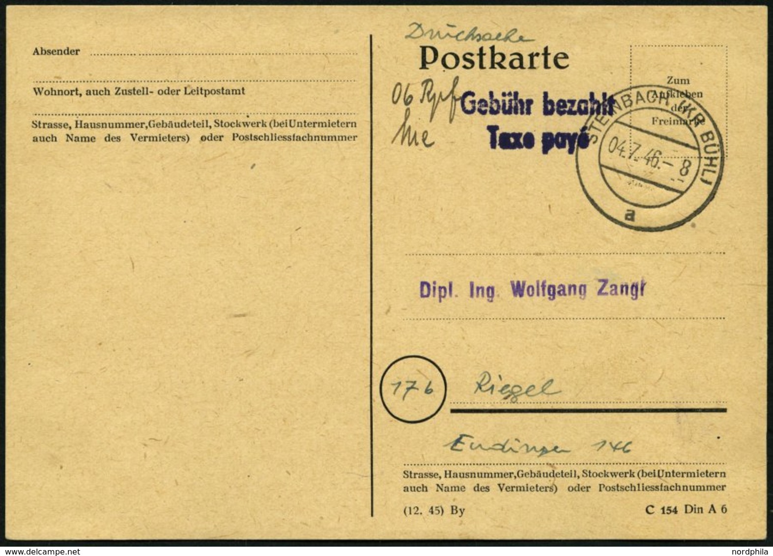 ALL. BES. GEBÜHR BEZAHLT STEINBACH (KR BÜHL), 04.7.46, L2 Gebühr Bezahlt Taxe Pays, Handschriftlicher 06 Rpf Und Signum, - Other & Unclassified