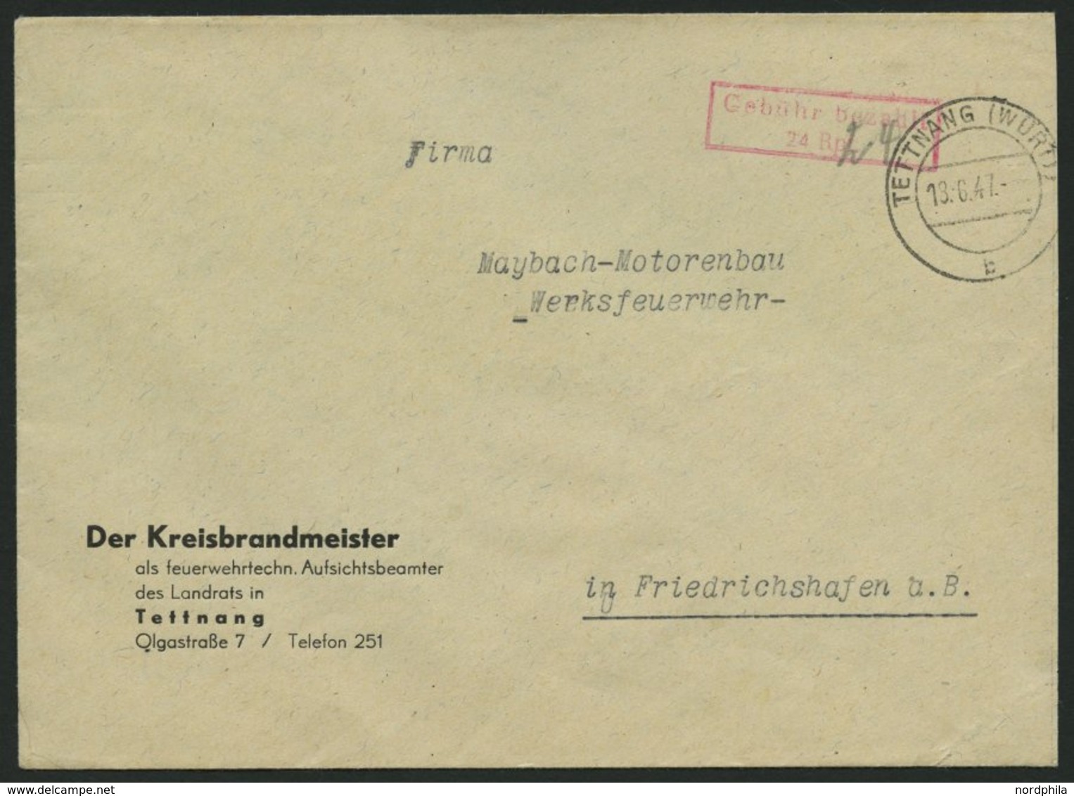 ALL. BES. GEBÜHR BEZAHLT TETTNANG (WÜRTT), 13.6.47, Roter R2 Gebühr Bezahlt/24 Rpf, Handschriftlich 24 Hinzugefügt, Gebü - Andere & Zonder Classificatie