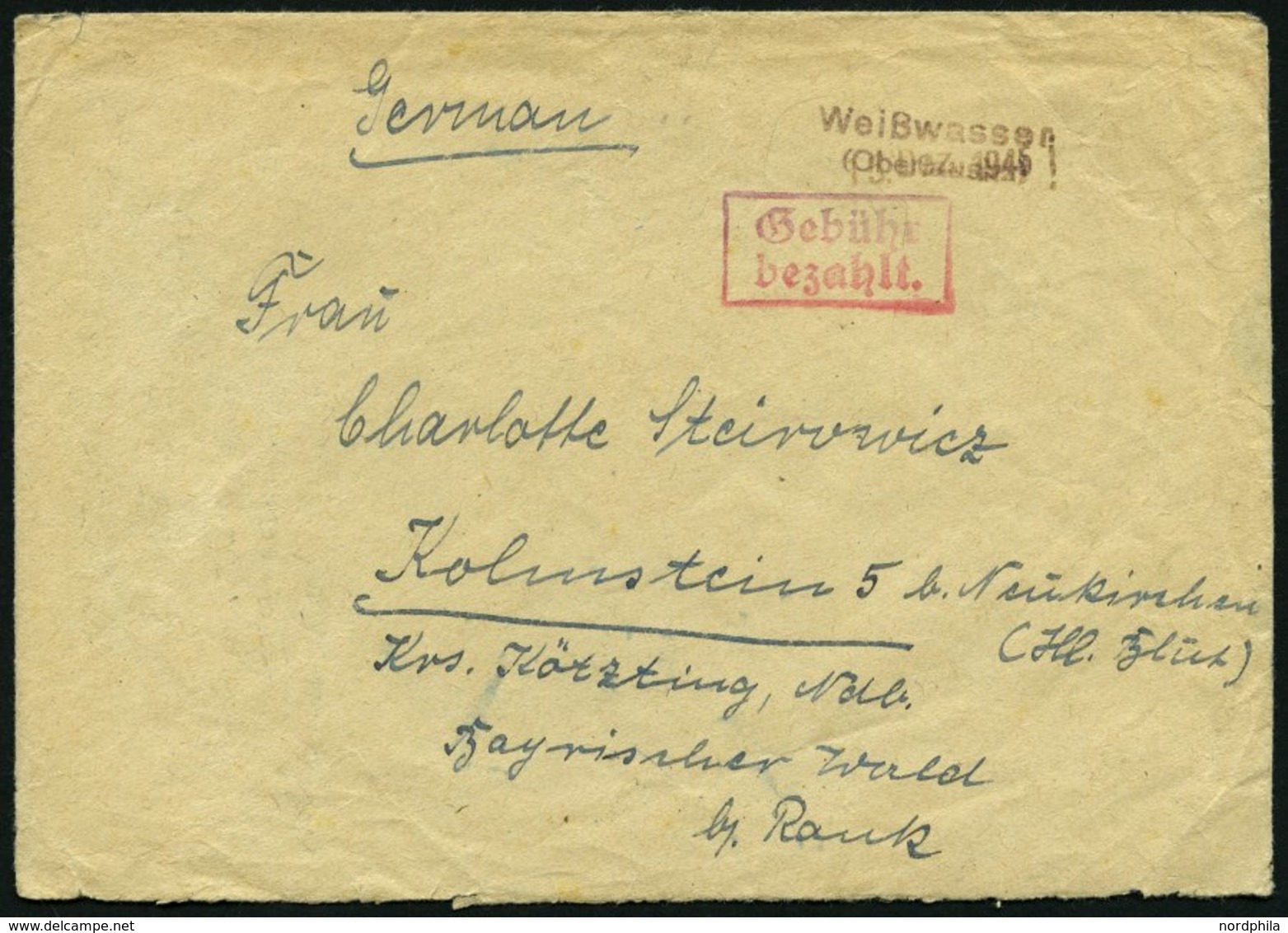 ALL. BES. GEBÜHR BEZAHLT WEIßWASSER Oberlausitz 1945 L2, 2.3.46, Roter R2 Gebühr Bezahlt. Auf Brief, Feinst - Other & Unclassified