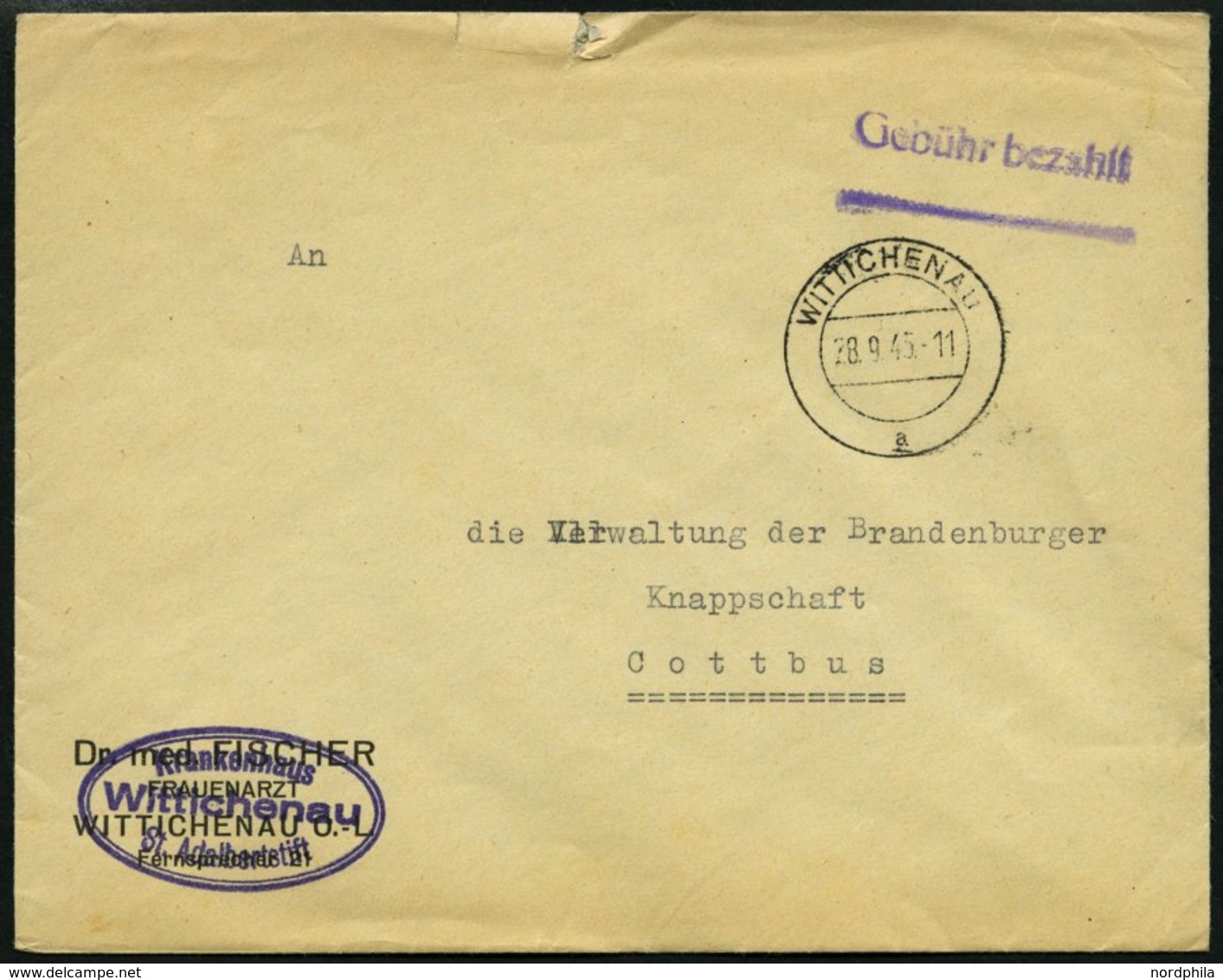 ALL. BES. GEBÜHR BEZAHLT WITTCHENAU, 28.9.45, Violetter L2 Gebühr Bezahlt, Brief, Feinst - Other & Unclassified