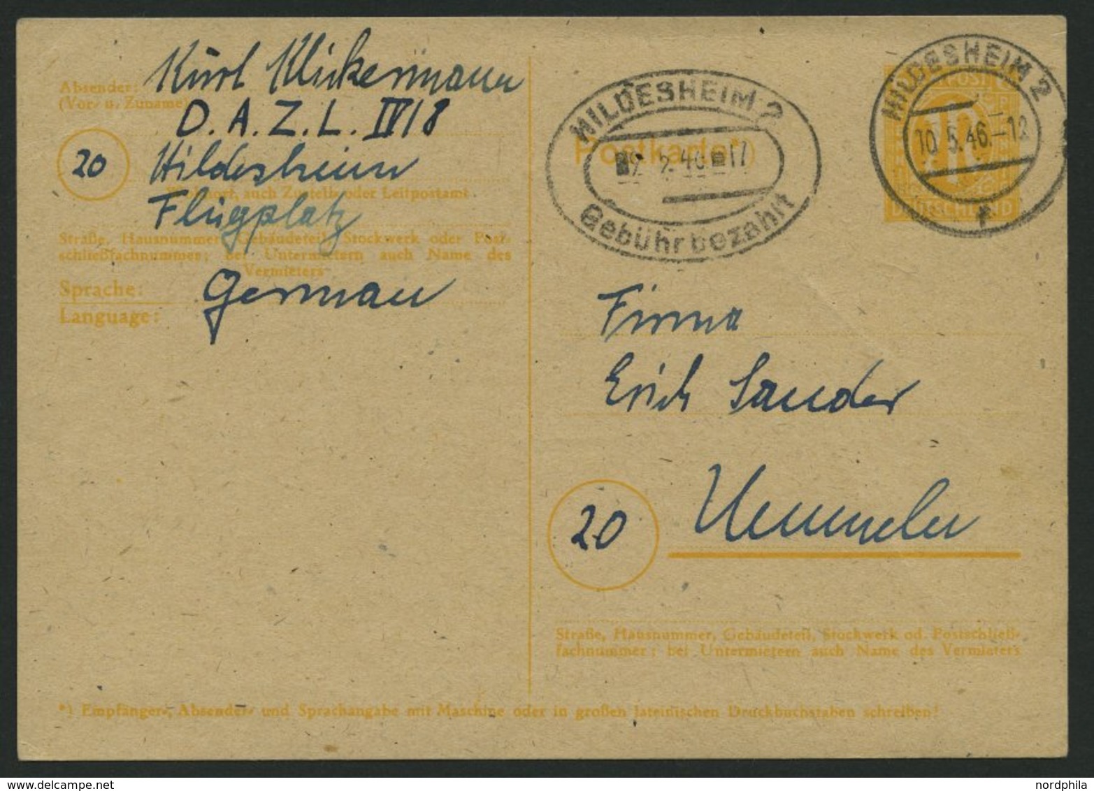 ALL. BES. NOTAUSGABEN P B02 BRIEF, HILDESHEIM 2, 6 Zu 6 Pf. Auf P 905, Stempel HILDESHEIM 2, Pracht - Andere & Zonder Classificatie