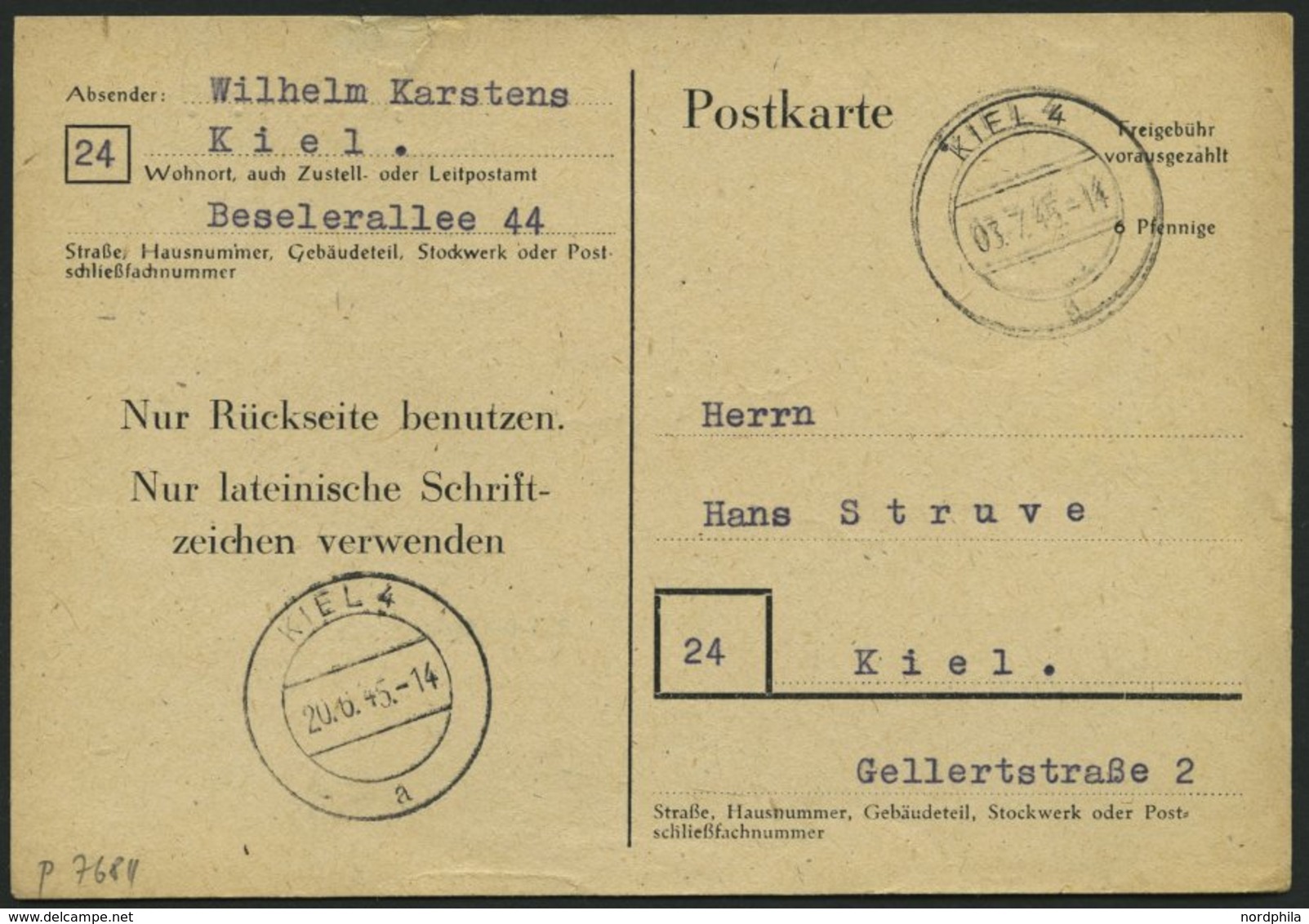 ALL. BES. GANZSACHEN P 768II BRIEF, 1945, 6 Pf. Schwarz, Type II, Stempel KIEL 4, Feinst, Mi. 100.- - Other & Unclassified