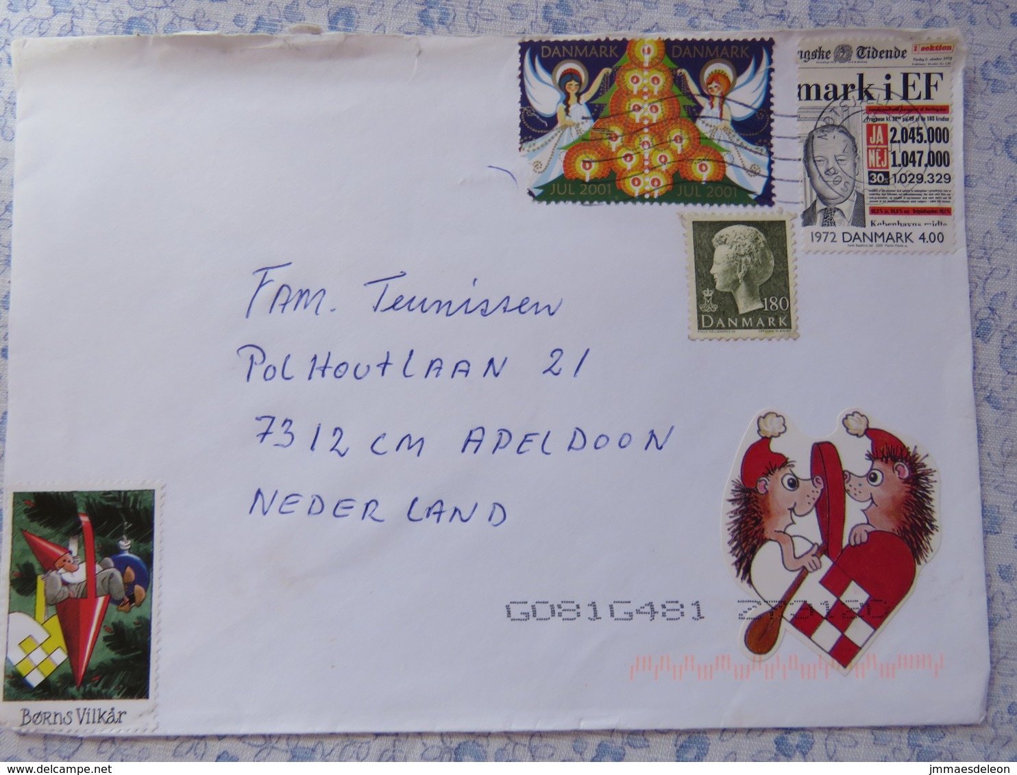 Denmark 2001 Cover NyK To Holland - 20th Century - Newspaper - Entry In European Union - Christmas Labels Hedgehog - Briefe U. Dokumente