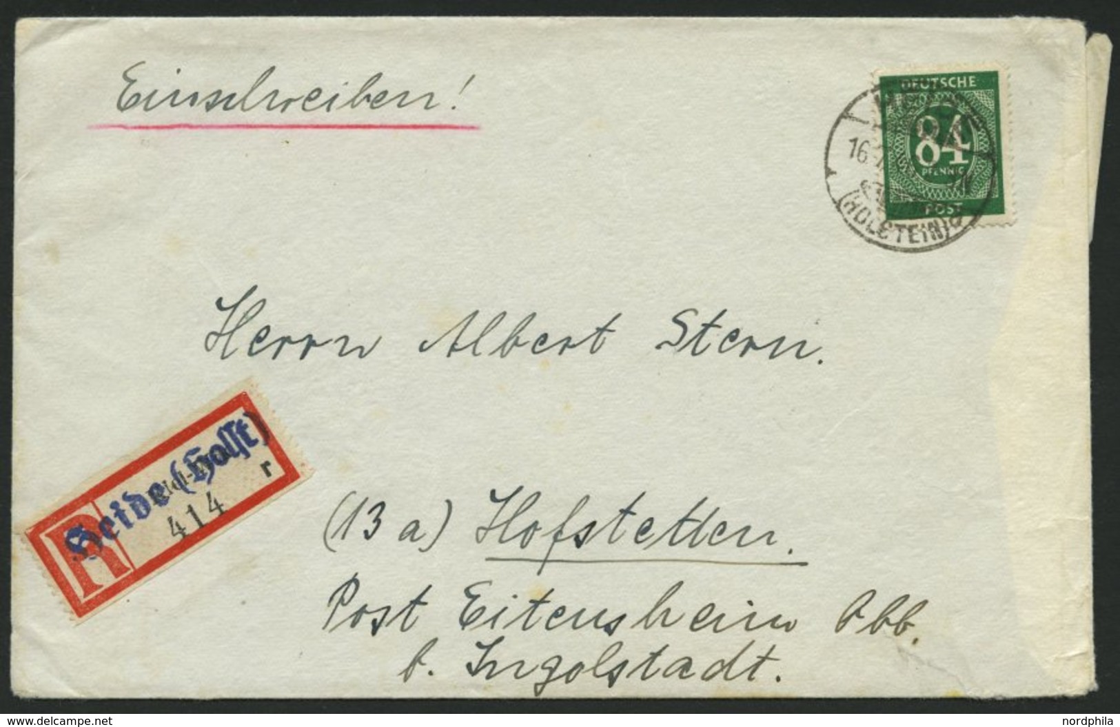 ALLIIERTE BES. 936b BRIEF, 1946, 84 Pf. Smaragdgrün, Einzelfrankatur Auf Einschreibbrief Mit Provisorischem R-Zettel HEI - Other & Unclassified