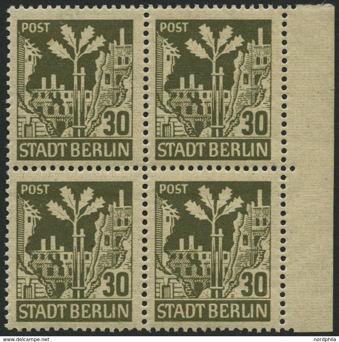 BERLIN UND BRANDENBURG 7Abwaz VB **, 1945, 30 Pf. Schwärzlichbraunoliv Im Randviererblock, Pracht, Gepr. Zierer, Mi. 160 - Other & Unclassified