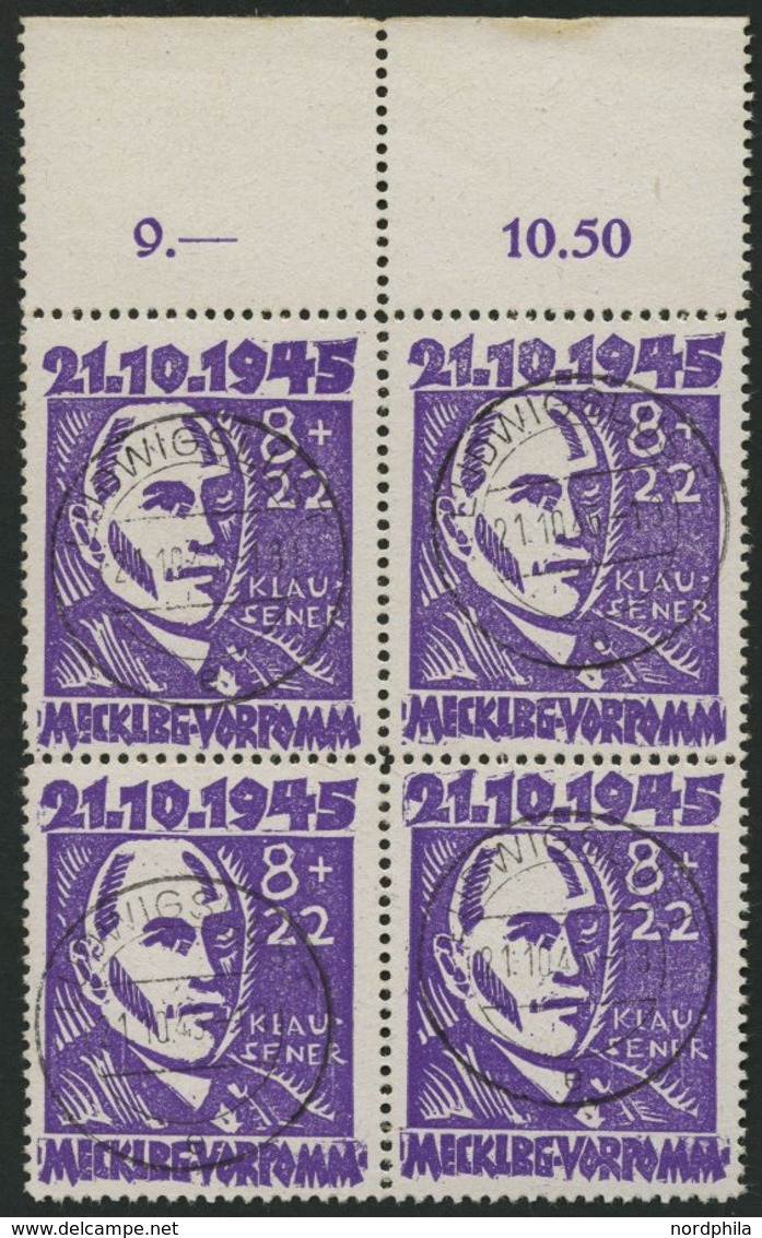 MECKLENBURG-VORPOMMERN 21 VB O, 1945, 8 Pf. Faschismus Im Oberrandviererblock, Dabei Plattenfehler 21VI Auf Feld 17, Pra - Altri & Non Classificati