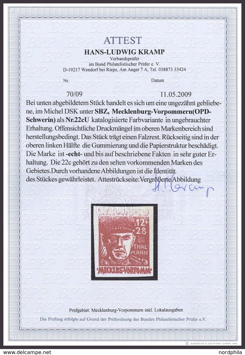 MECKLENBURG-VORPOMMERN 22cU *, 1945, 12 Pf. Dunkelrot Faschismus, Ungezähnt, Falzrest, Rückseitig Helle Stelle Sonst Pra - Andere & Zonder Classificatie