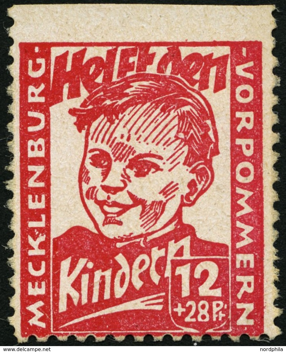 MECKLENBURG-VORPOMMERN 28bUo (*), 1945, 12 Pf. Dunkelrosa Kinderhilfe, Oben Ungezähnt, Gummi Nicht Original, Gepr. Ziere - Other & Unclassified