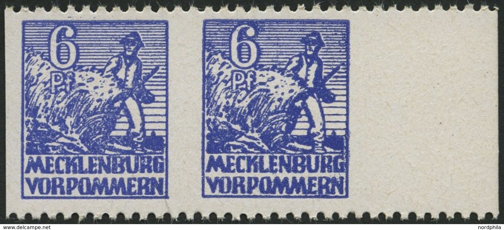 MECKLENBURG-VORPOMMERN 33xbUs Paar **, 1946, 6 Pf. Violettblau, Kreidepapier, Senkrecht Ungezähnt, Im Waagerechten Paar, - Other & Unclassified