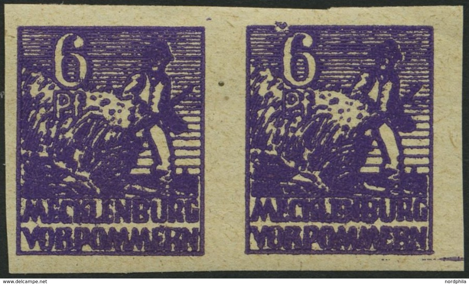 MECKLENBURG-VORPOMMERN 33ydU Paar **, 1946, 6 Pf. Dunkelrotviolett, Graues Papier, Ungezähnt, Im Waagerechten Paaar, Pra - Andere & Zonder Classificatie