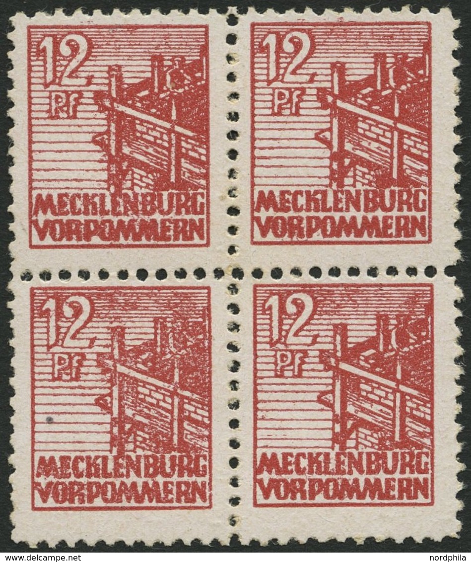 MECKLENBURG-VORPOMMERN 36xc VB **, 1946, 12 Pf. Lebhaftbraunrot, Kreidepapier, Im Viererblock, Linke Obere Marke Geringe - Altri & Non Classificati